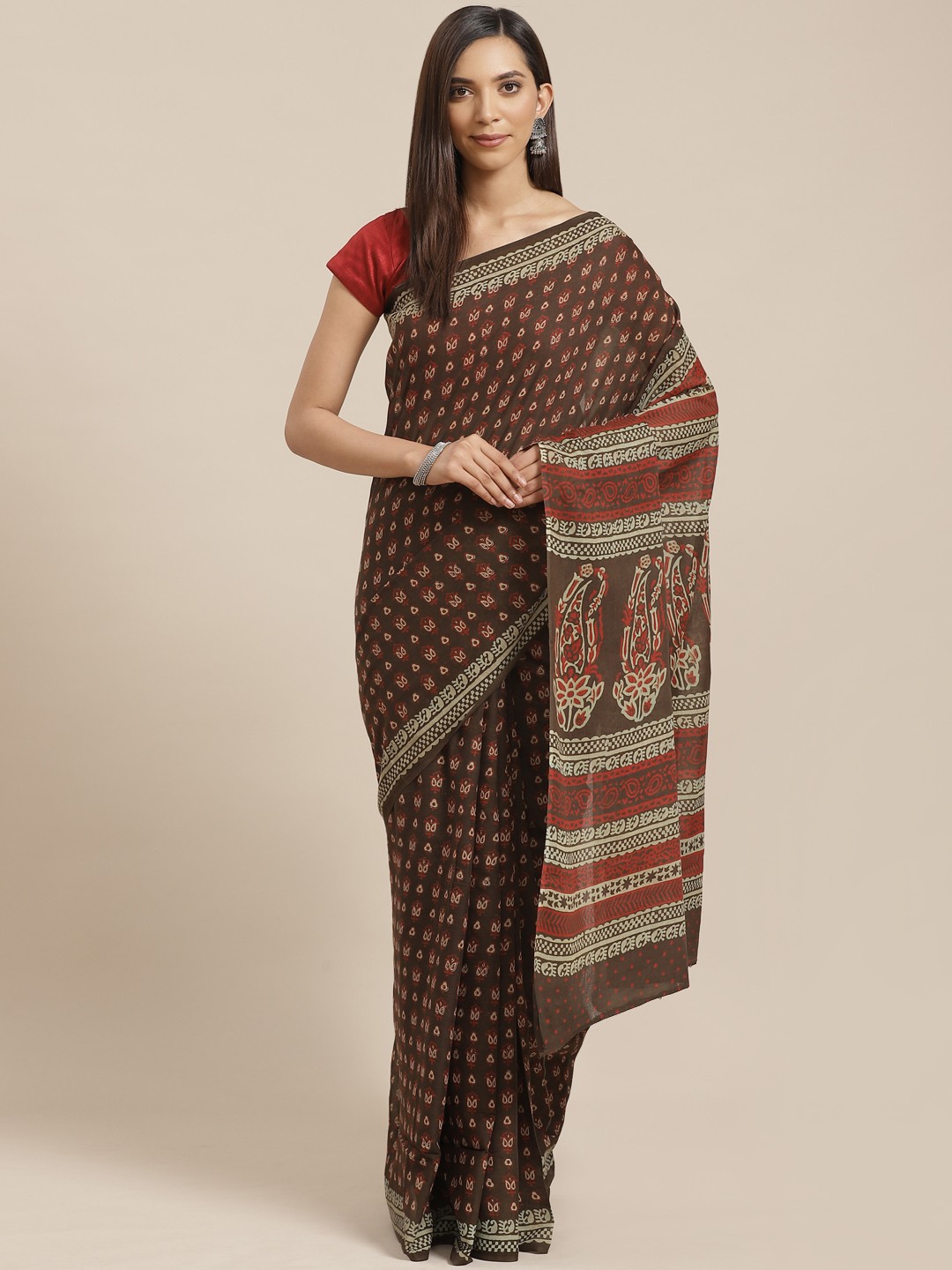 

Kalakari India Charcoal Grey & Red Pure Cotton Handloom Block Print Sustainable Saree