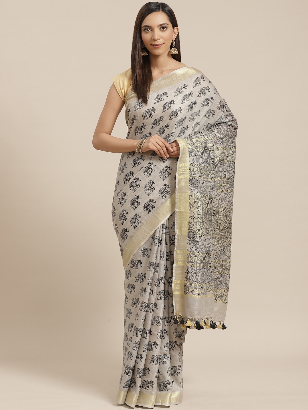 

Kalakari India Grey & Black Elephant Print Bhagalpuri Handloom Saree