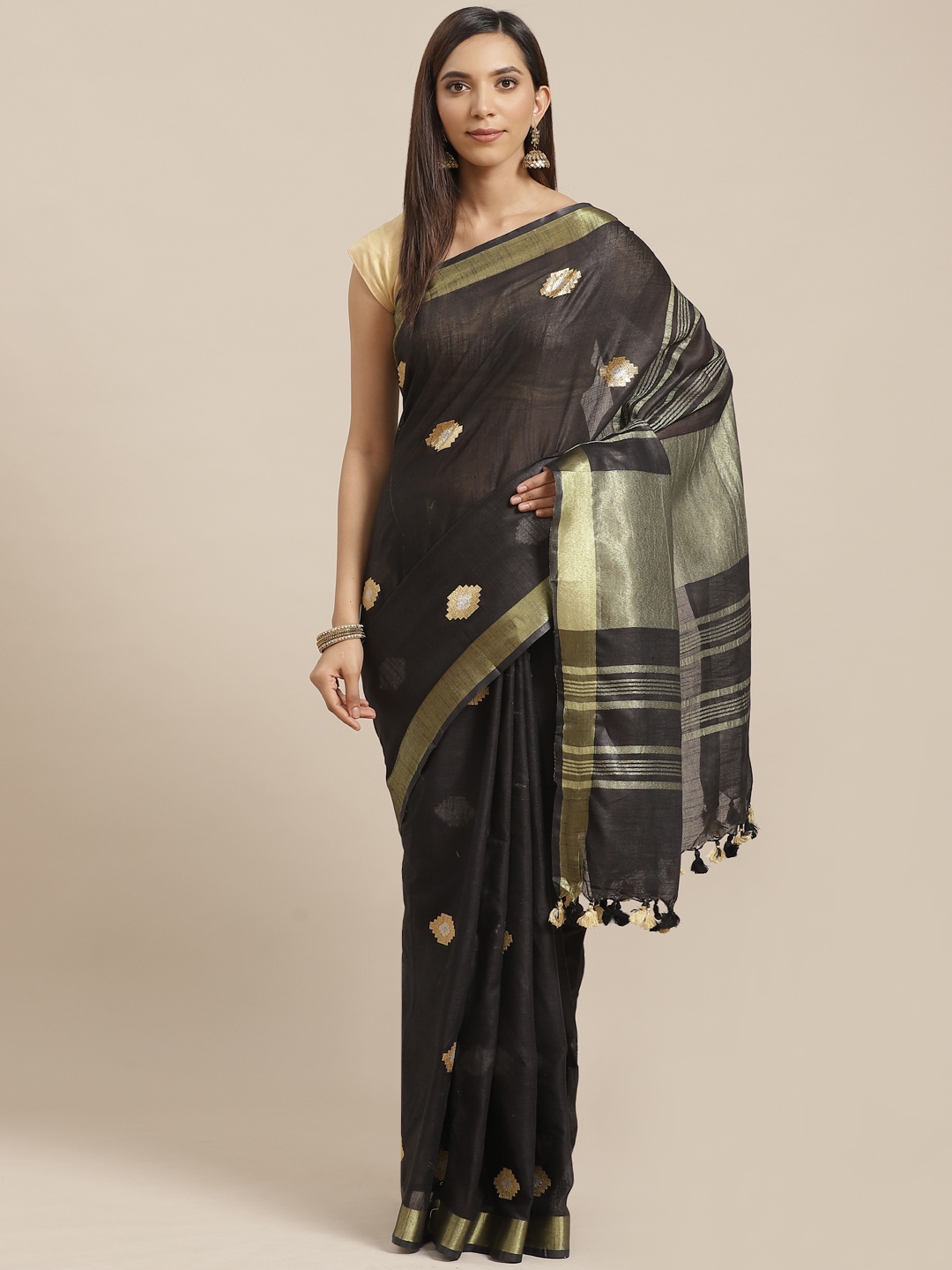 

Kalakari India Black & Golden Embroidered Bhagalpuri Handloom Saree