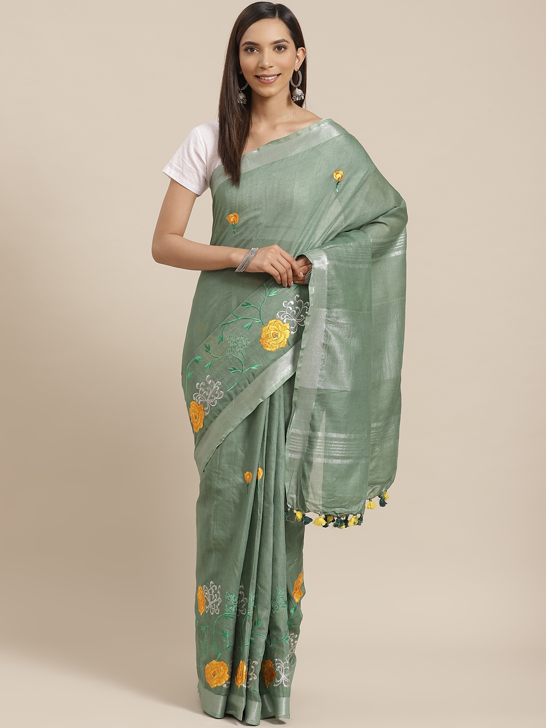 

Kalakari India Green & Yellow Embroidered Handloom Bhagalpuri Saree