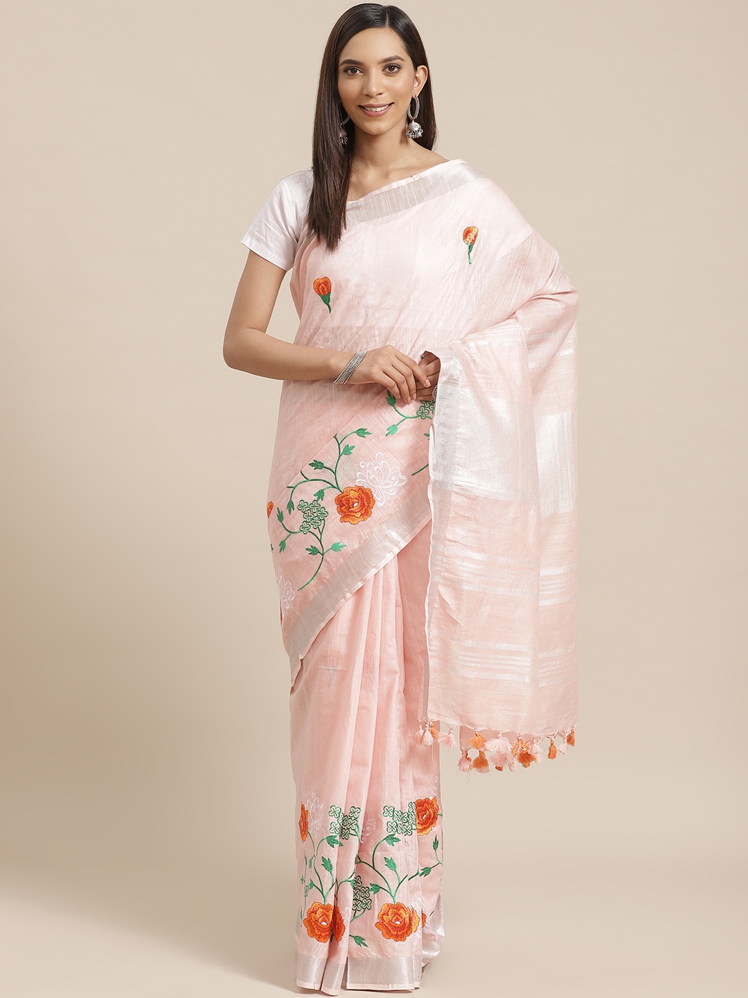 

Kalakari India Peach-Coloured & Orange Embroidered Handloom Bhagalpuri Sustainable Saree