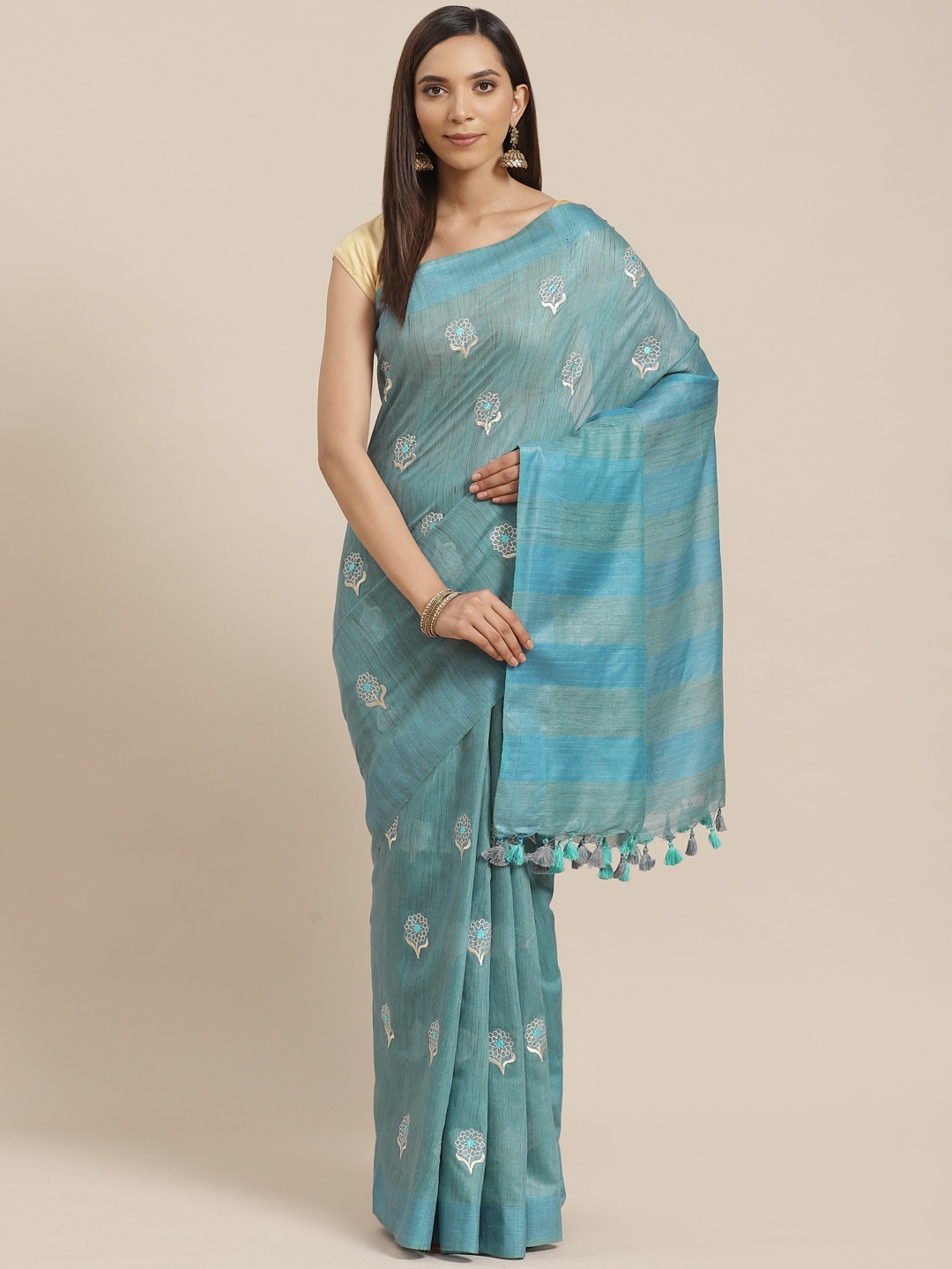 

Kalakari India Teal Blue & Off-White Handloom Embroidered Bhagalpuri Saree