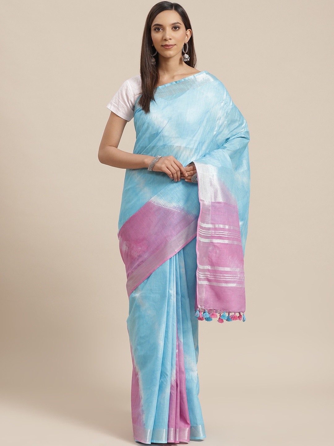 

Kalakari India Blue & Pink Shibori Dyed Handloom Bhagalpuri Saree