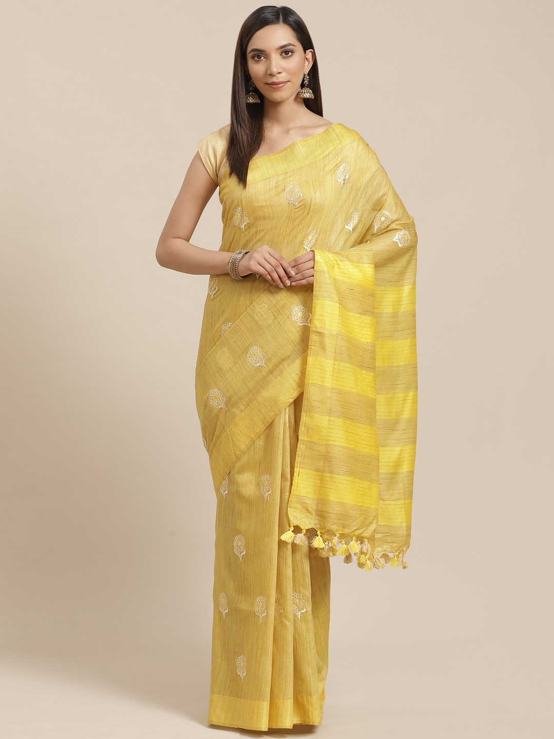 

Kalakari India Yellow & Beige Embroidered Bhagalpuri Handloom Saree