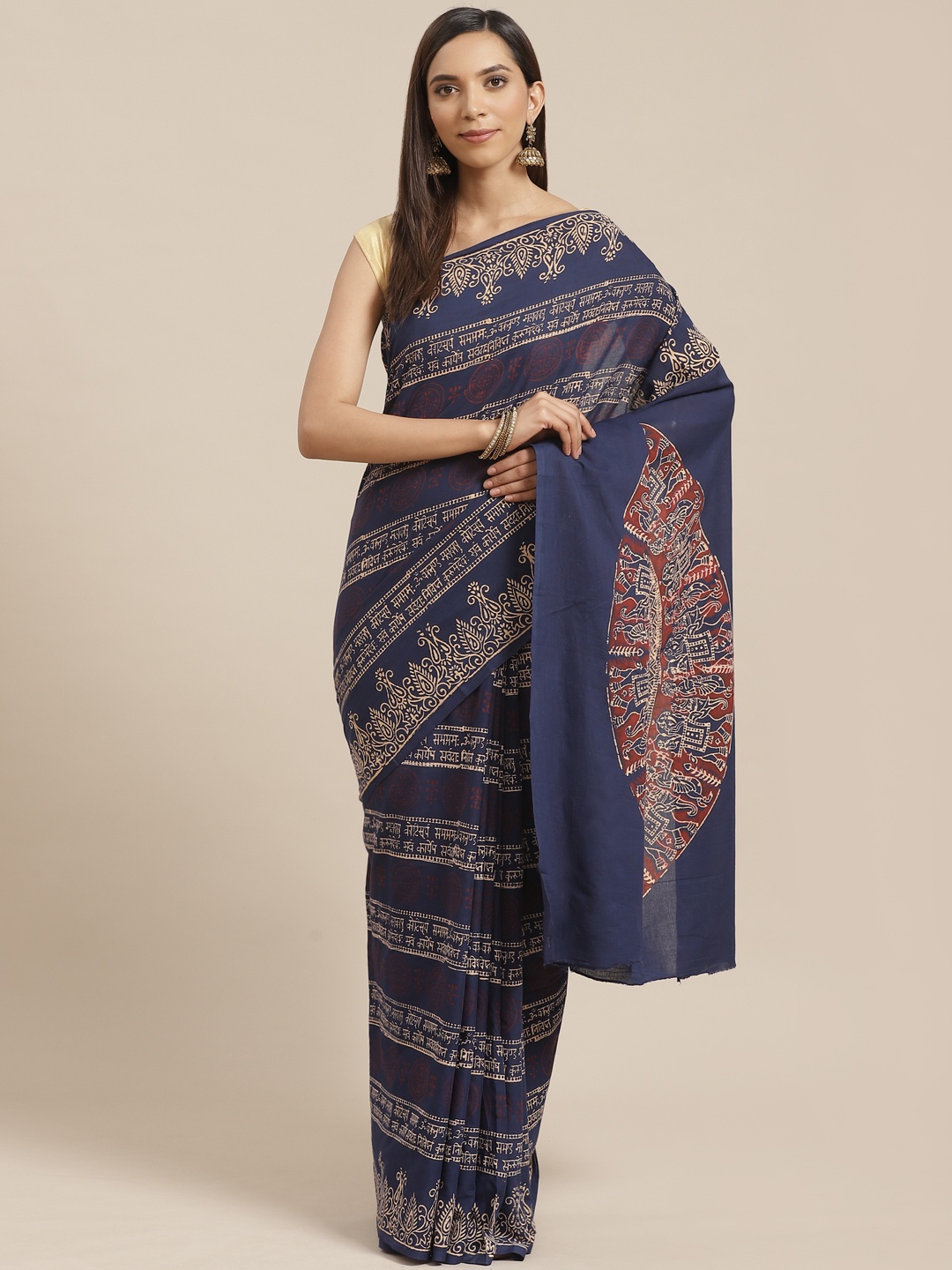 

Kalakari India Navy Blue & Beige Block Print Handloom Sustainable Saree