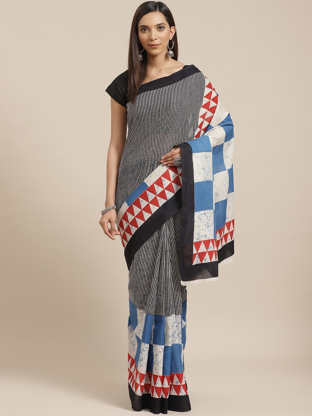 

Kalakari India Blue & Off-White Striped Sanganeri Handblock Print Handloom Sustainable Saree