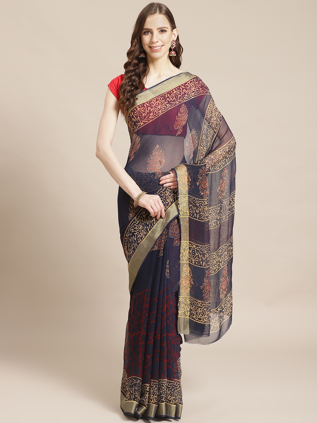 

Kalakari India Navy Blue & Red Pure Chiffon Handblock Print Handloom Sustainable Saree