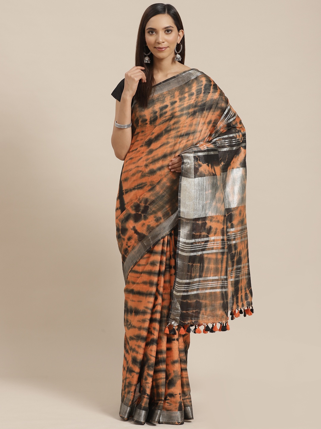 

Kalakari India Orange & Olive Green Shibori Dyed Handloom Bhagalpuri Saree