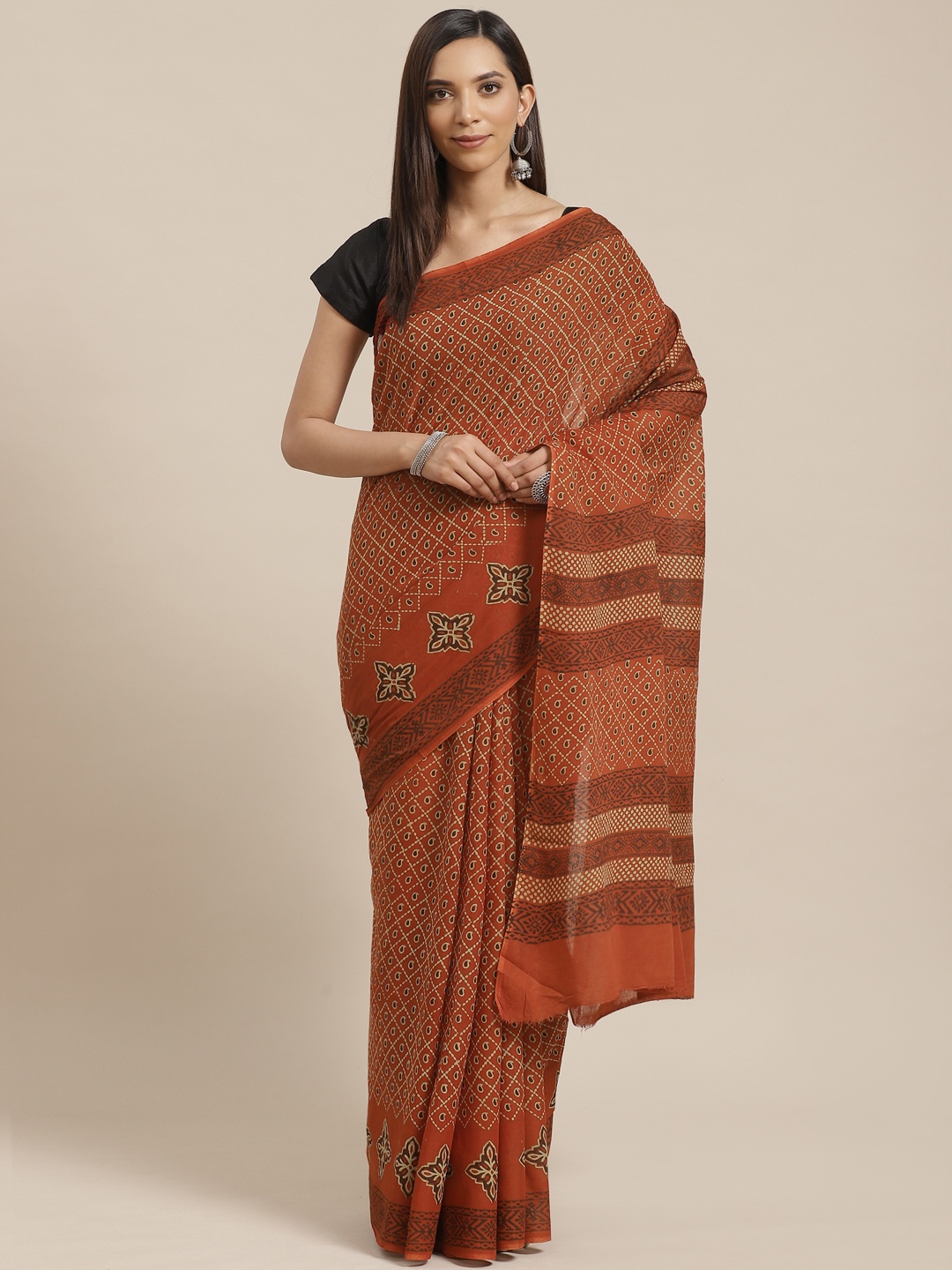 

Kalakari India Rust Brown & Beige Pure Cotton Handloom Block Print Sustainable Saree