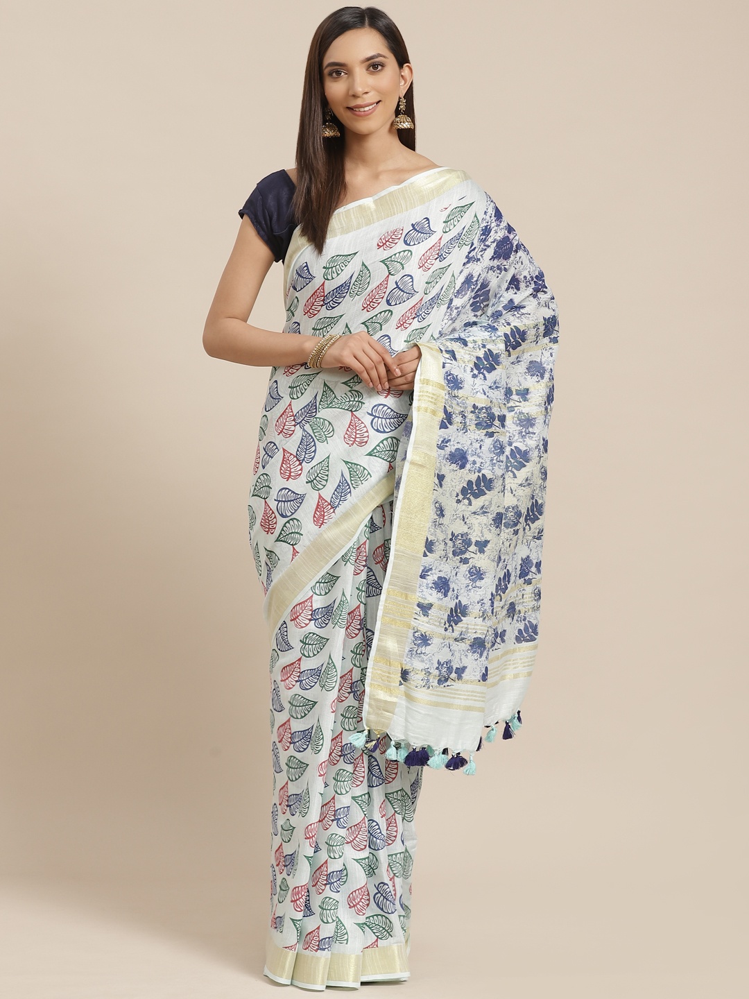 

Kalakari India Blue & Green Handwoven Handloom Printed Bhagalpuri Sustainable Saree