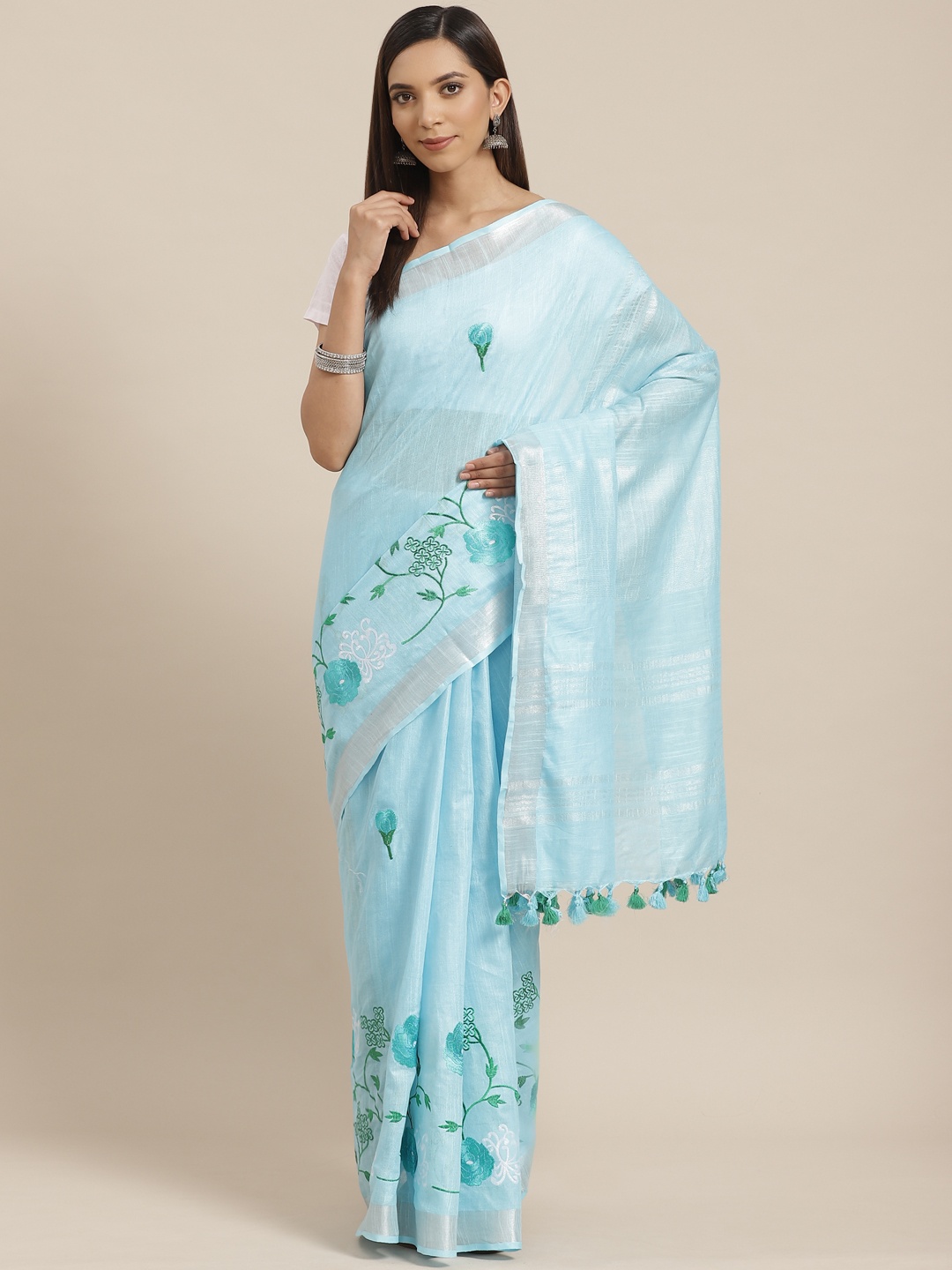 

Kalakari India Blue & Green Floral Embroidered Handloom Bhagalpuri Saree