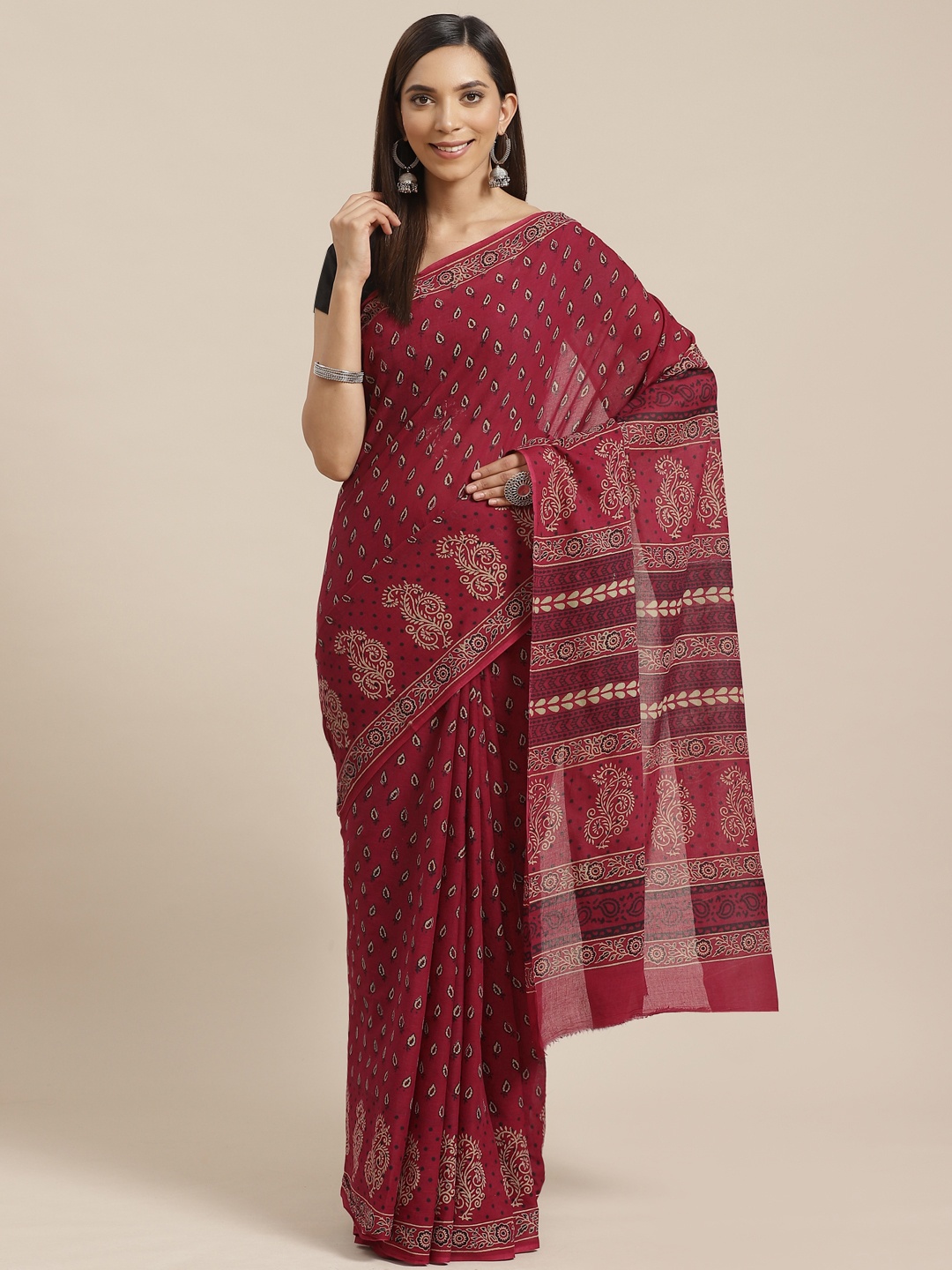 

Kalakari India Maroon & Beige Pure Cotton Handloom Block Print Saree