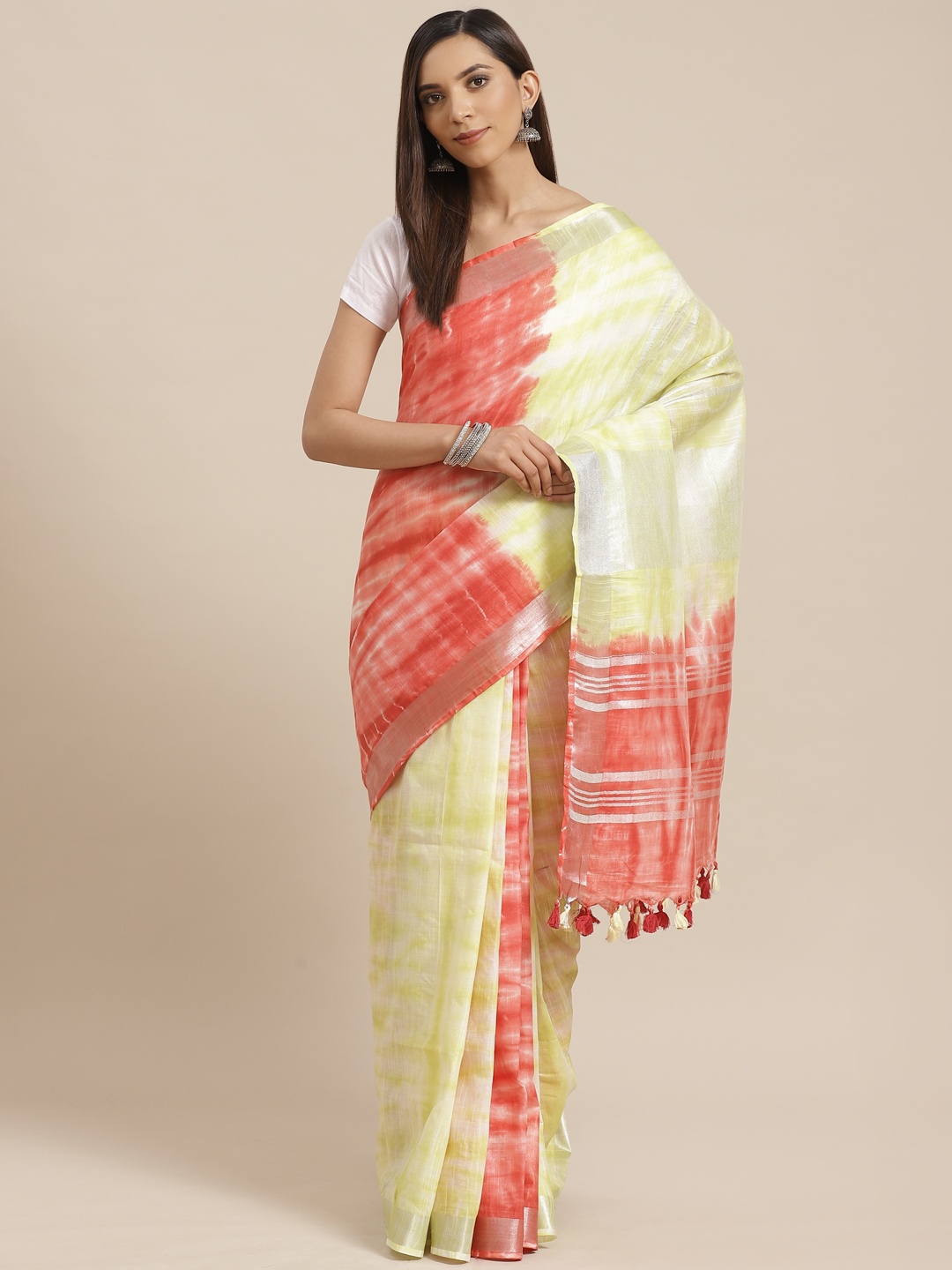 

Kalakari India Yellow & Coral Red Dyed Handloom Bhagalpuri Saree