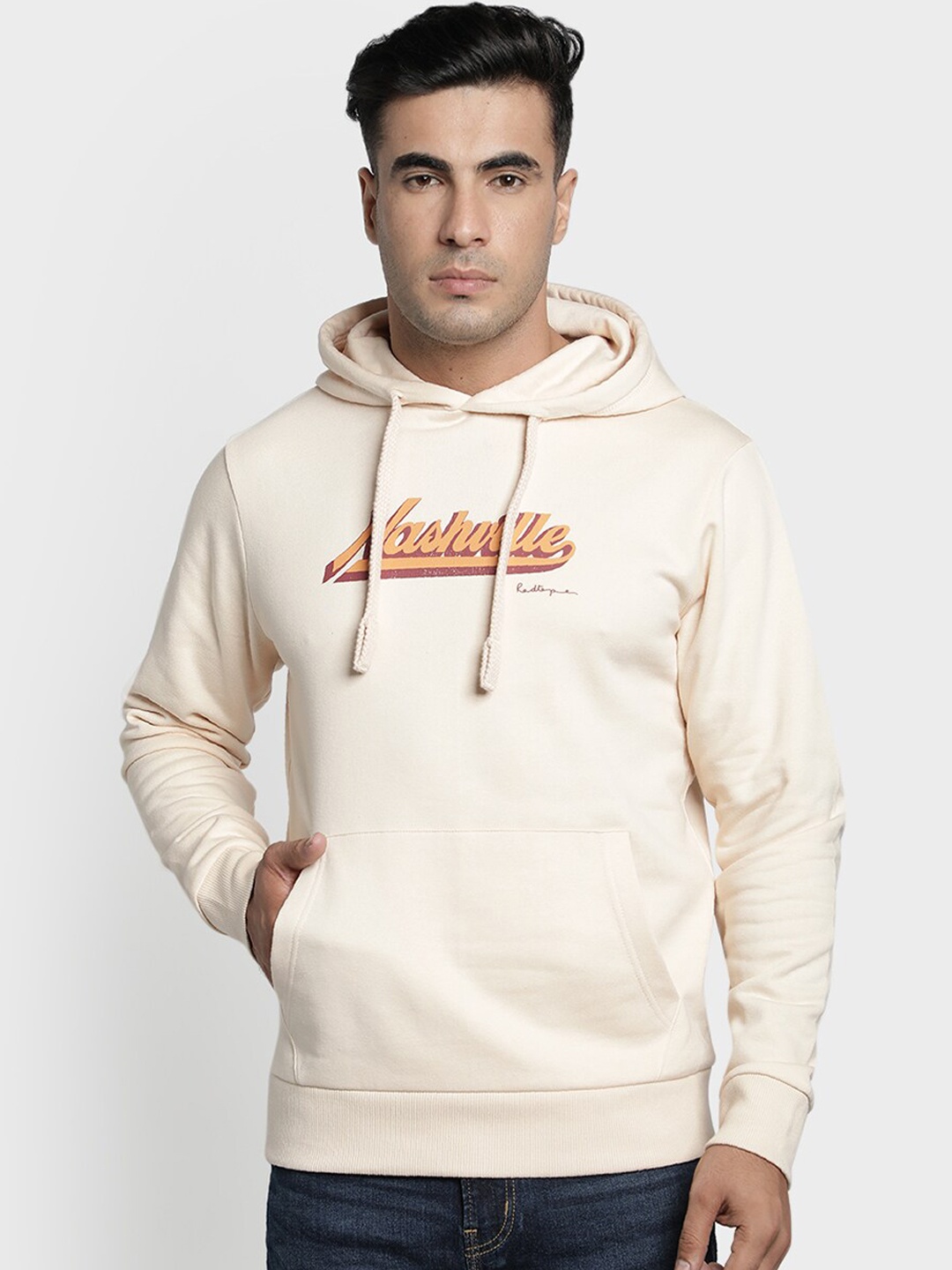 

Red Tape Men Cream-Coloured Printed Hooded Sweatshirt
