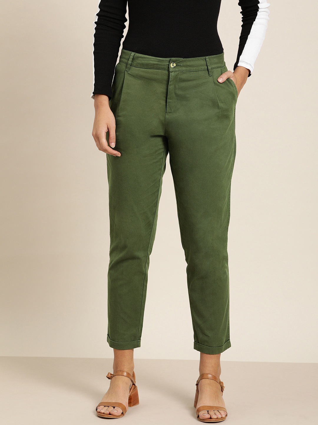

her by invictus Women Olive Green Smart Slim Fit Solid Chinos