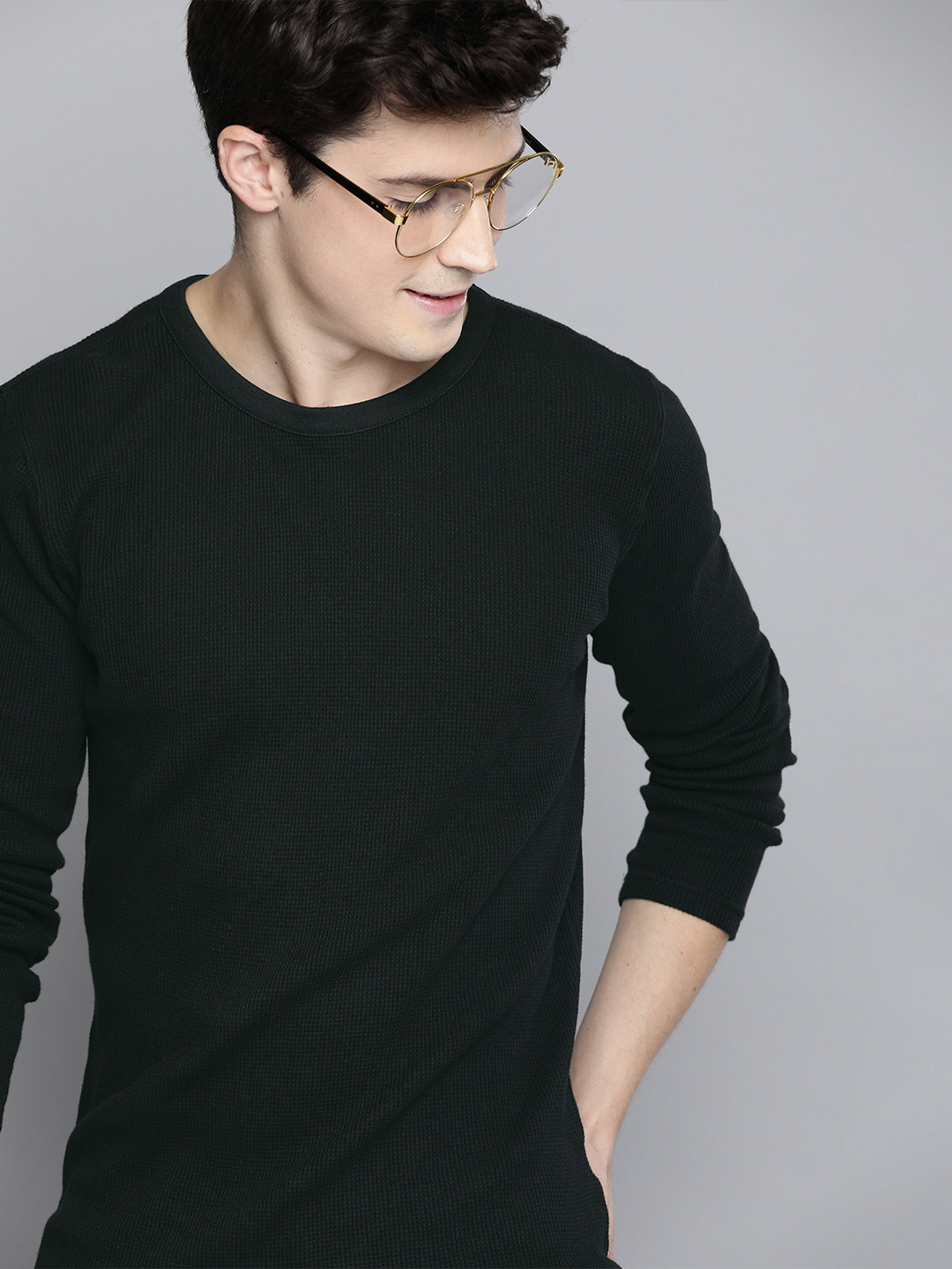 

Mast Harbour Men Black Self Design Round Neck Pure Cotton T-shirt