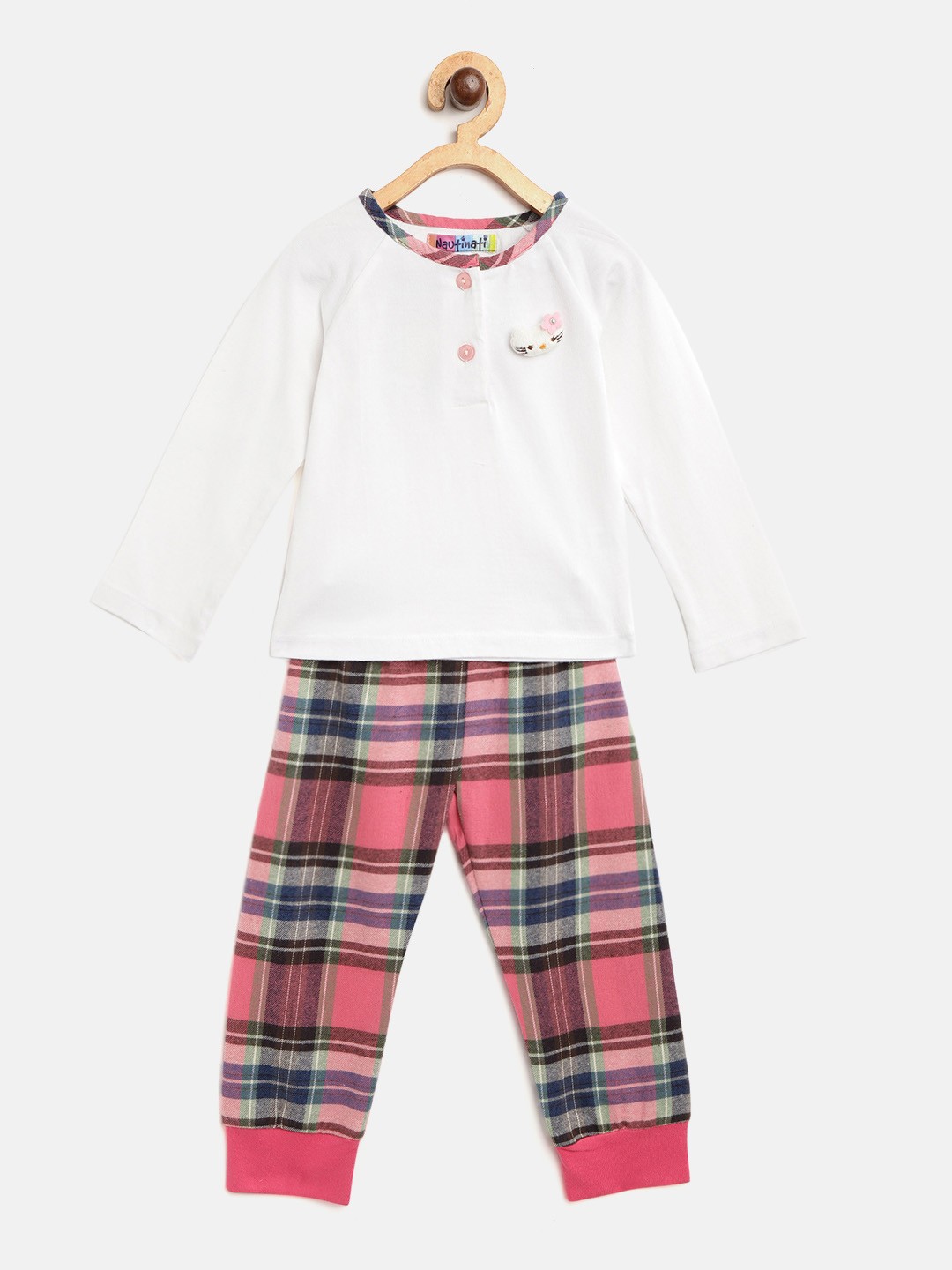 

Nauti Nati Girls White & Pink Solid Night Suit