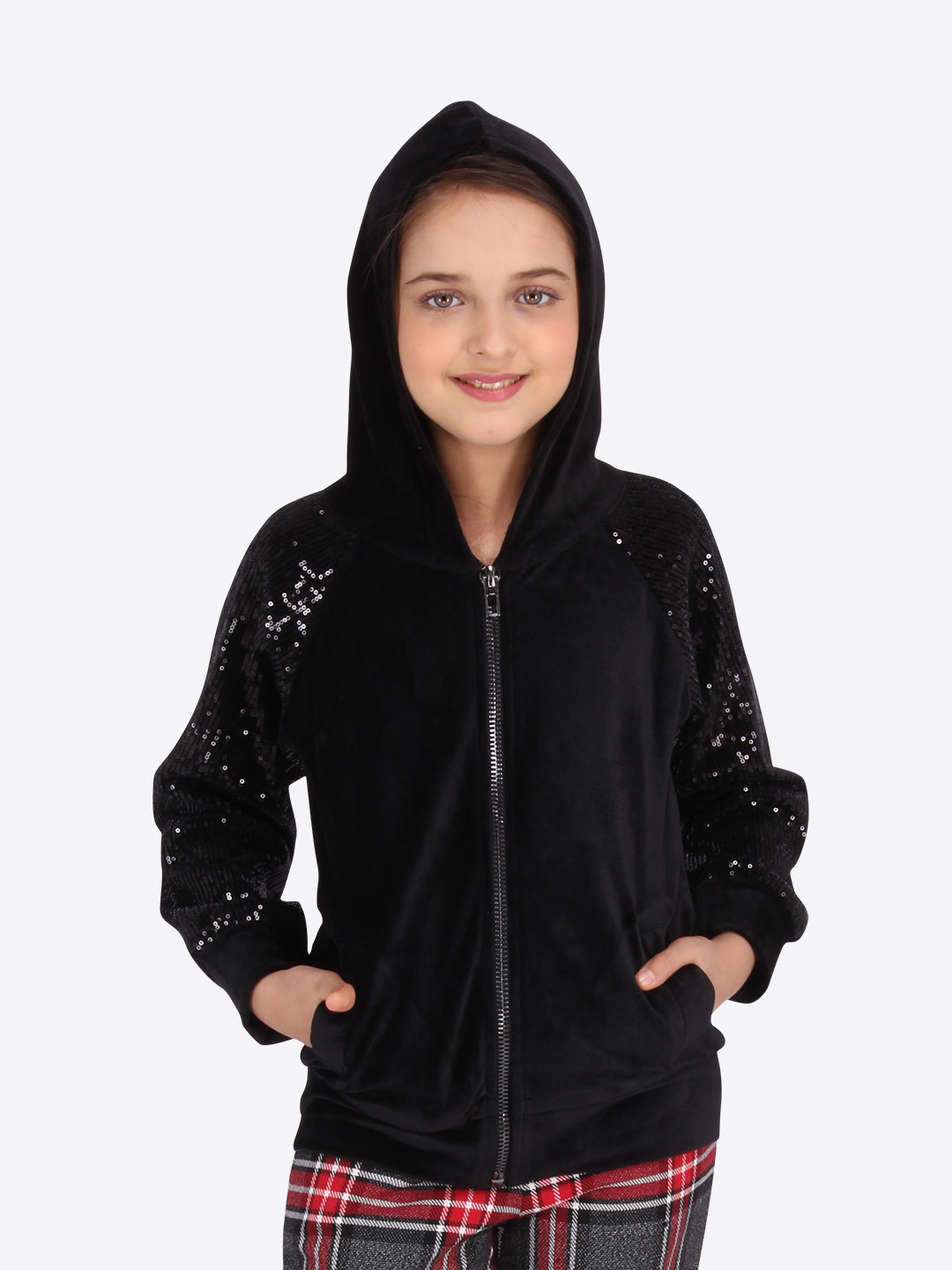 

CUTECUMBER Girls Black Sequined Open Front Jacket
