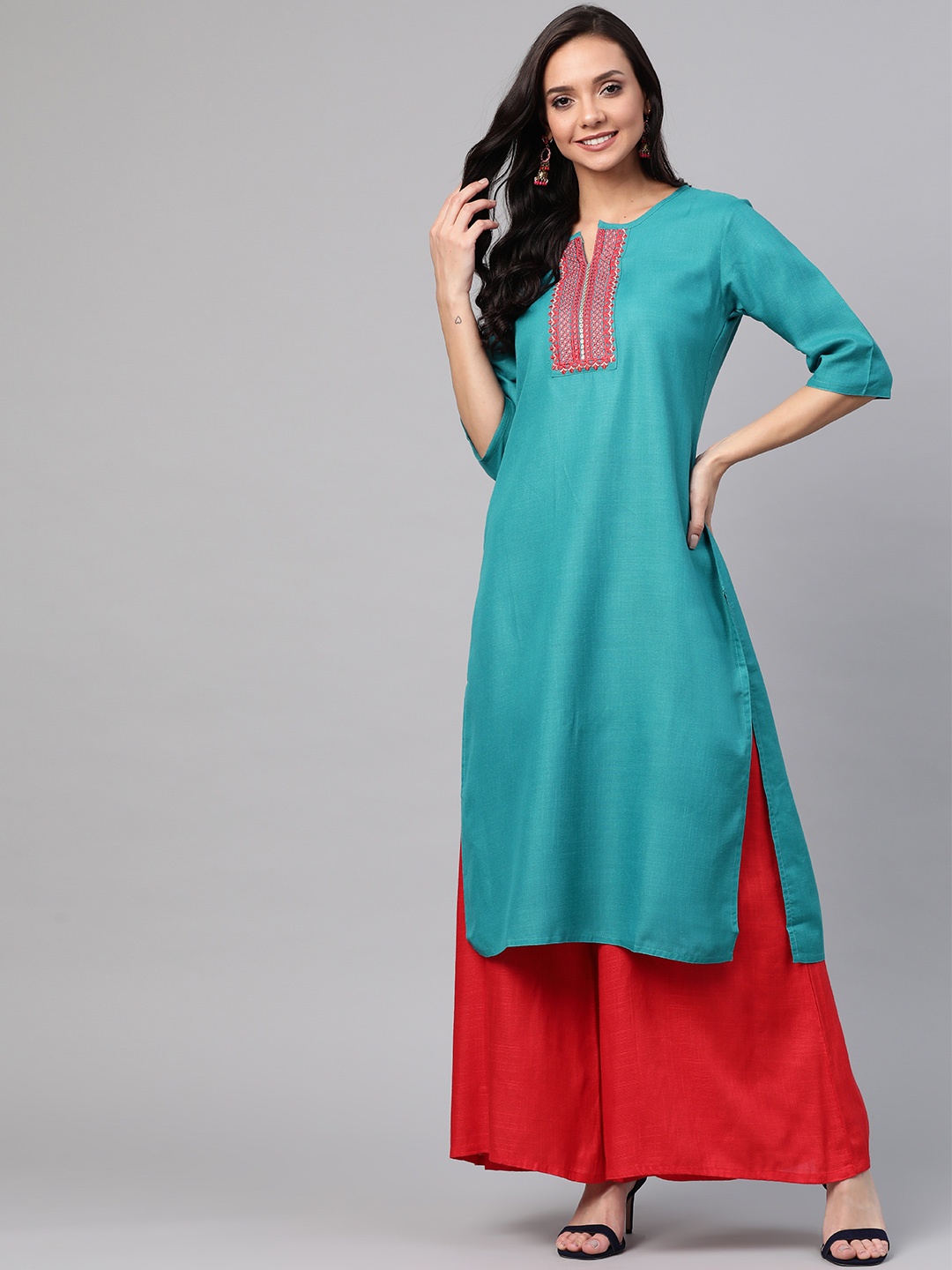 

KSUT Women Teal Blue Yoke Design Straight Kurta