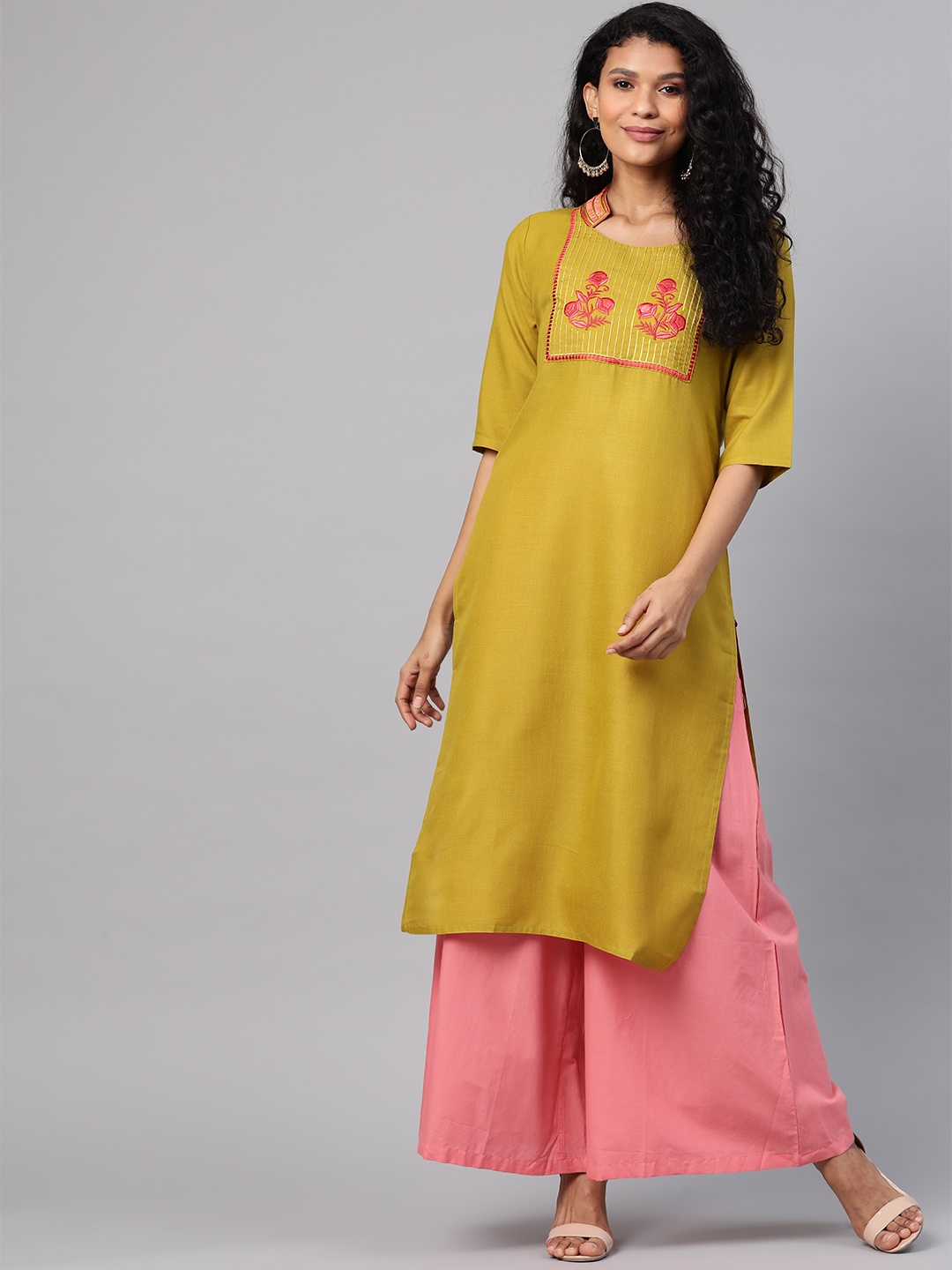 

KSUT Women Olive Green Yoke Design Straight Kurta
