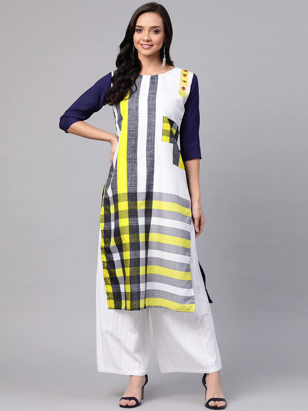

KSUT Women White & Navy Blue Printed Straight Kurta