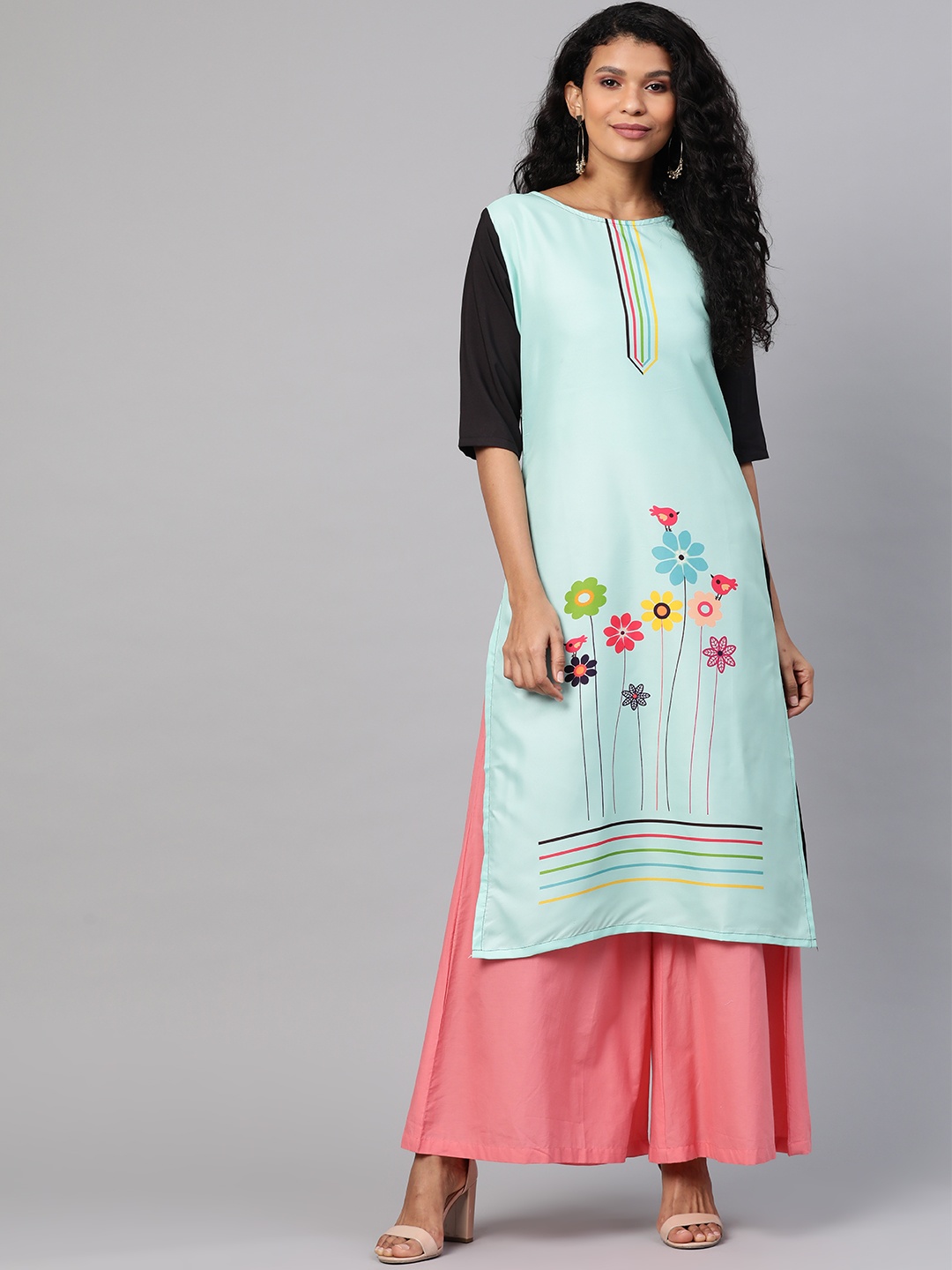 

KSUT Women Blue & Black Placement Print Straight Kurta