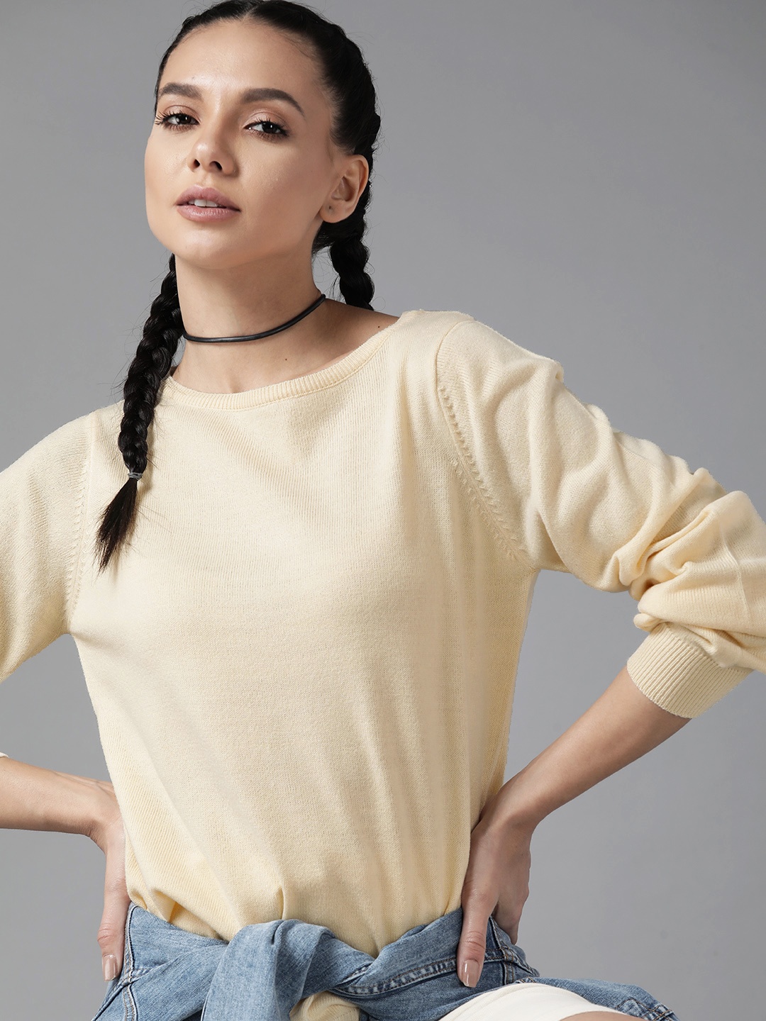 

Roadster Women Cream-Coloured Solid Pullover