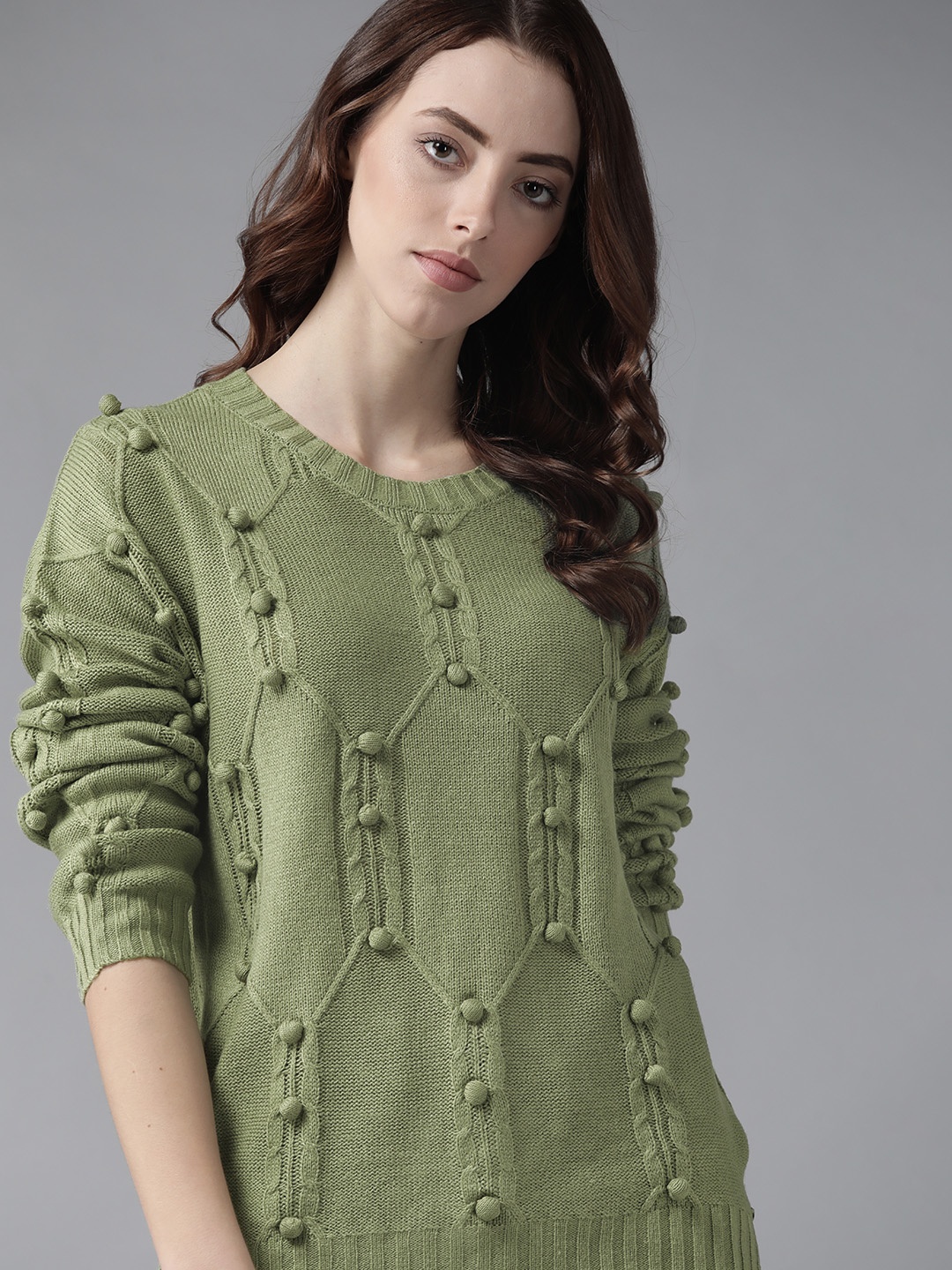 

Roadster Women Green Cable Knit Pullover