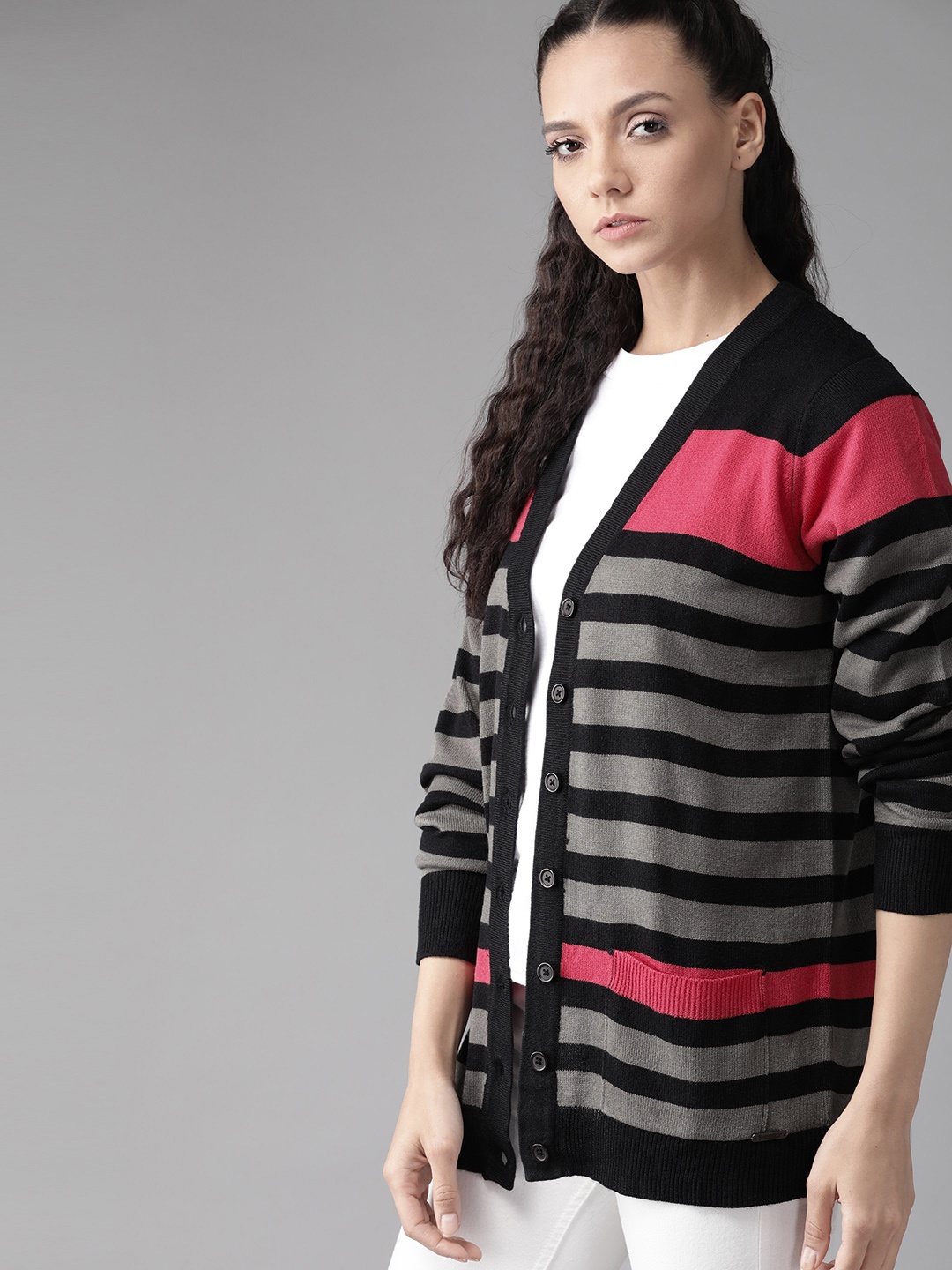 

Roadster Women Grey & Black Striped Cardigan Sweater