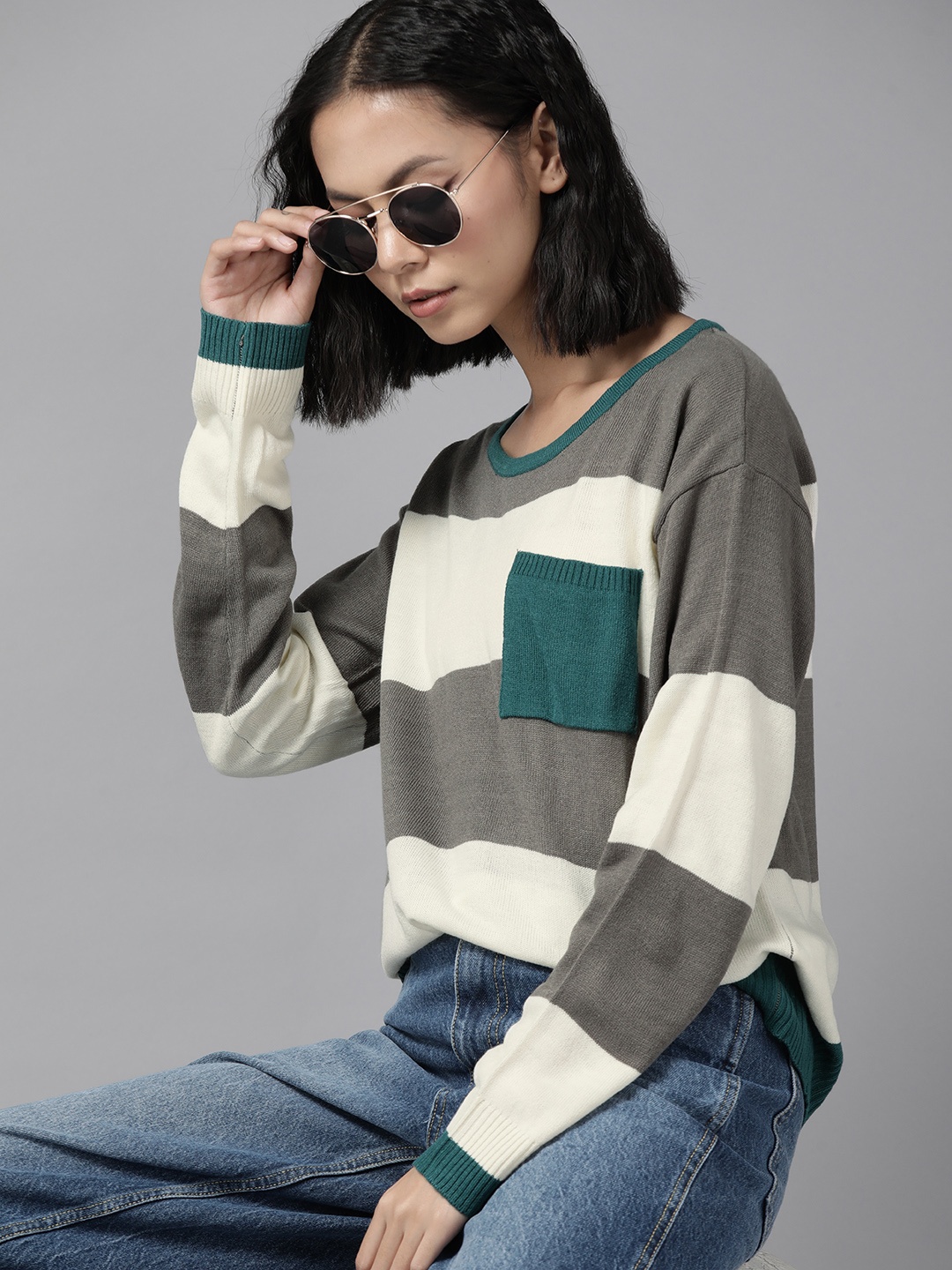 

Roadster Women Striped Pullover, Charcoal