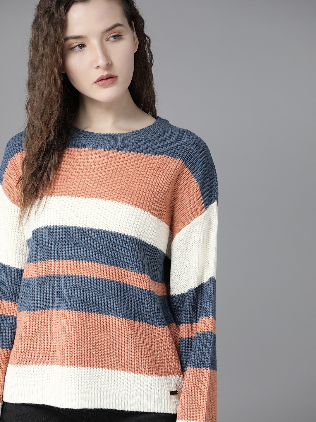 

Roadster Women Dusty Pink & Blue Striped Pullover Sweater