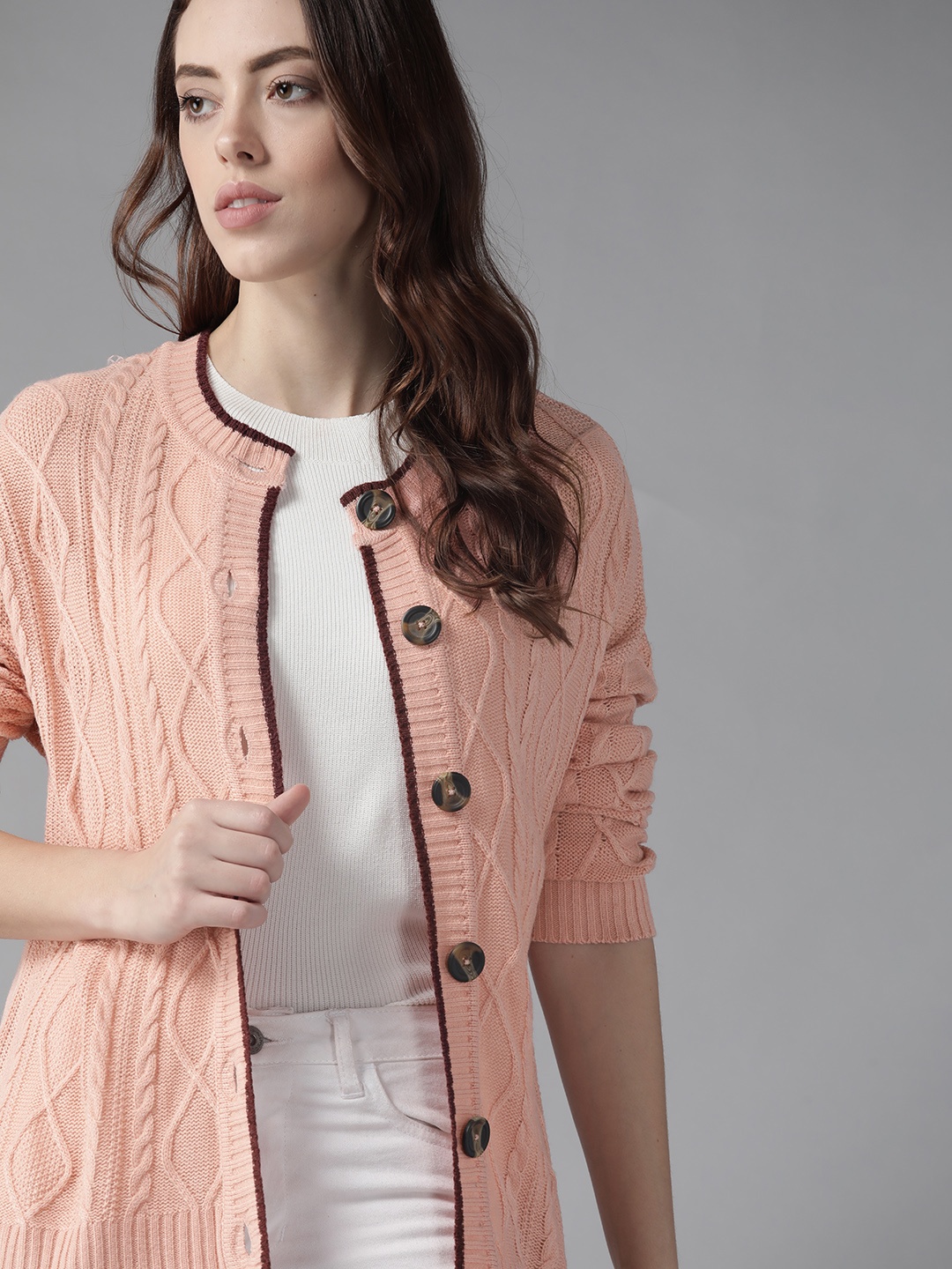 

Roadster Women Peach-Coloured Cable Knit Cardigan