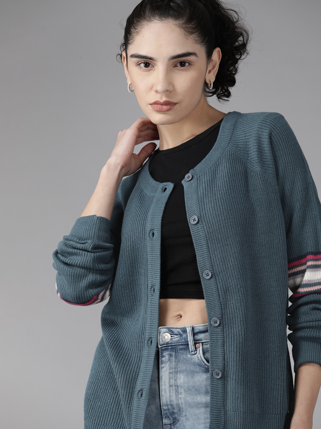 

Roadster Women Teal Blue Striped Cardigan