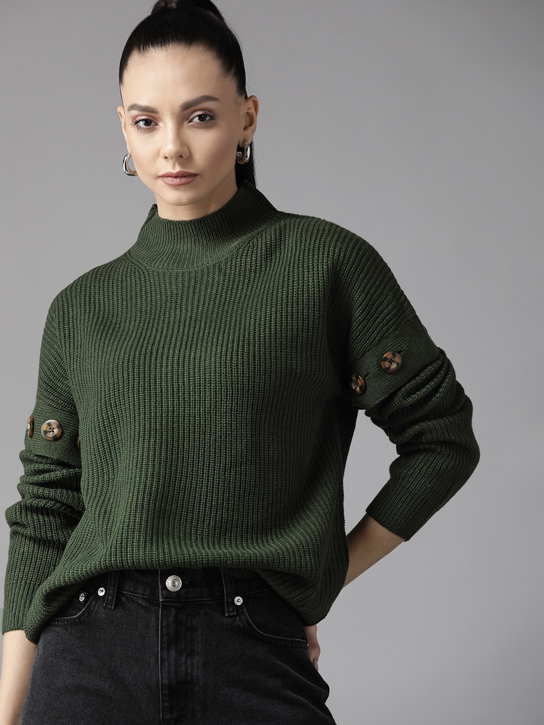 

Roadster Women Olive Green Solid Pullover With Detachable Sleeves