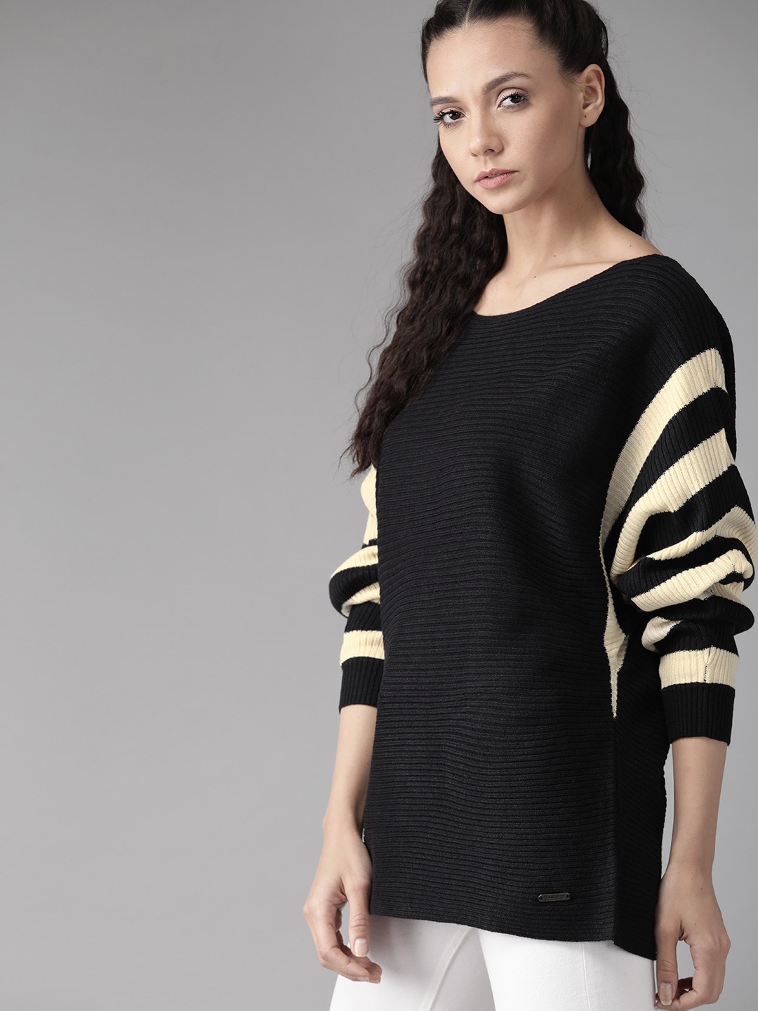 

Roadster Women Black Self-Striped Acrylic Pullover