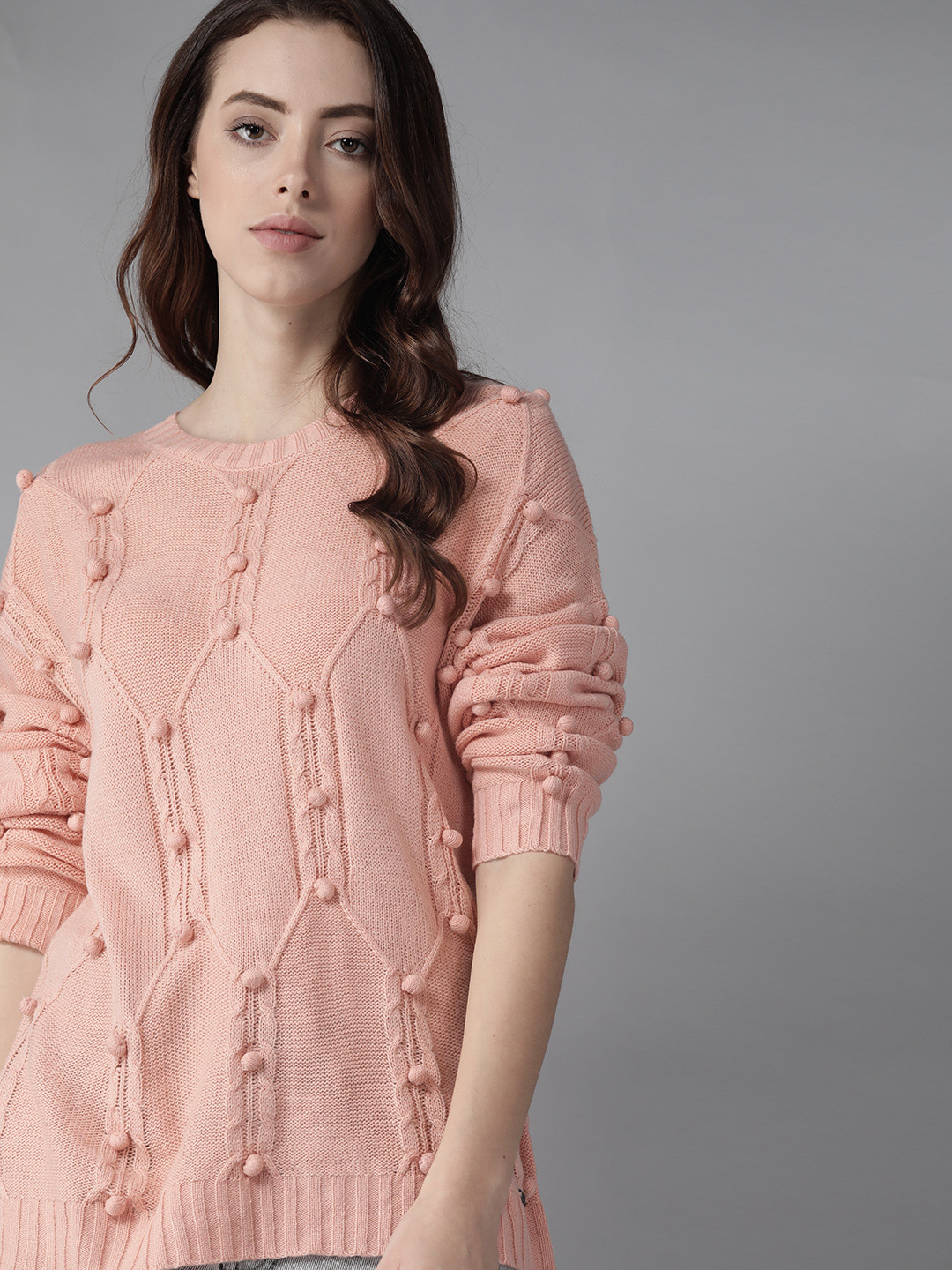 

Roadster Women Peach-Coloured Cable Knit Pullover