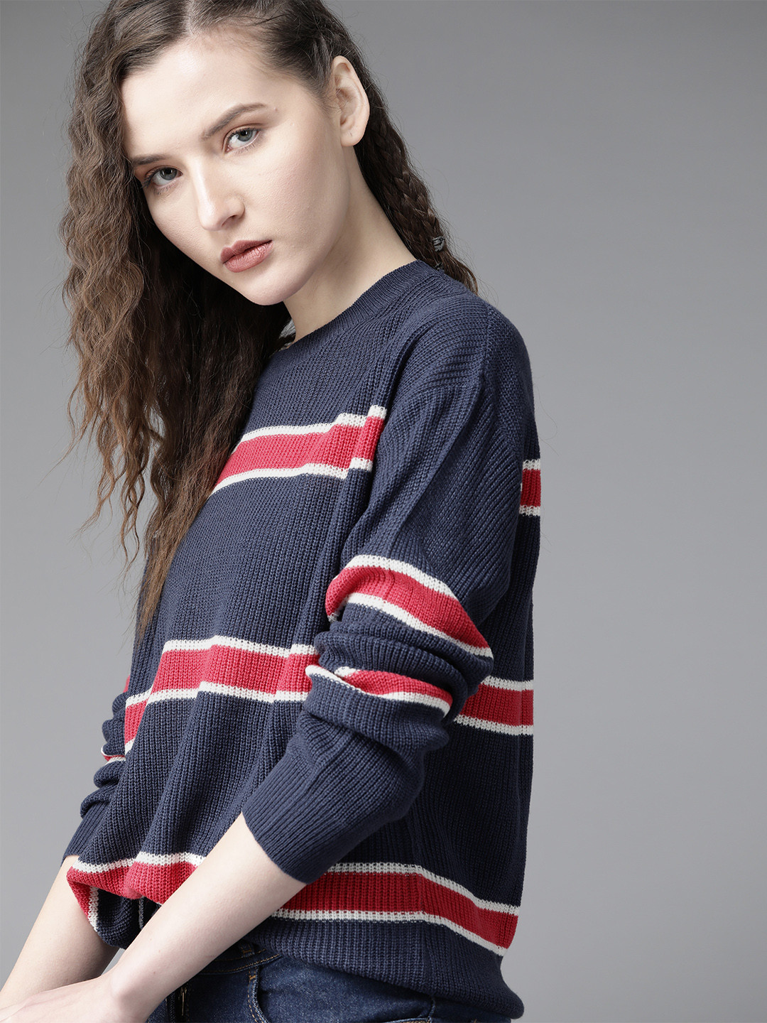 

Roadster Women Acrylic Navy Blue & Pink Striped Pullover Sweater