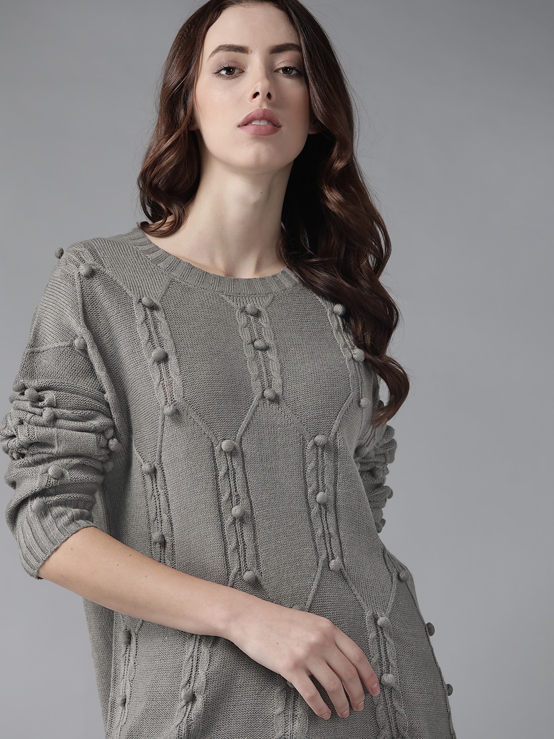 

Roadster Women Grey Cable Knit Front-Open