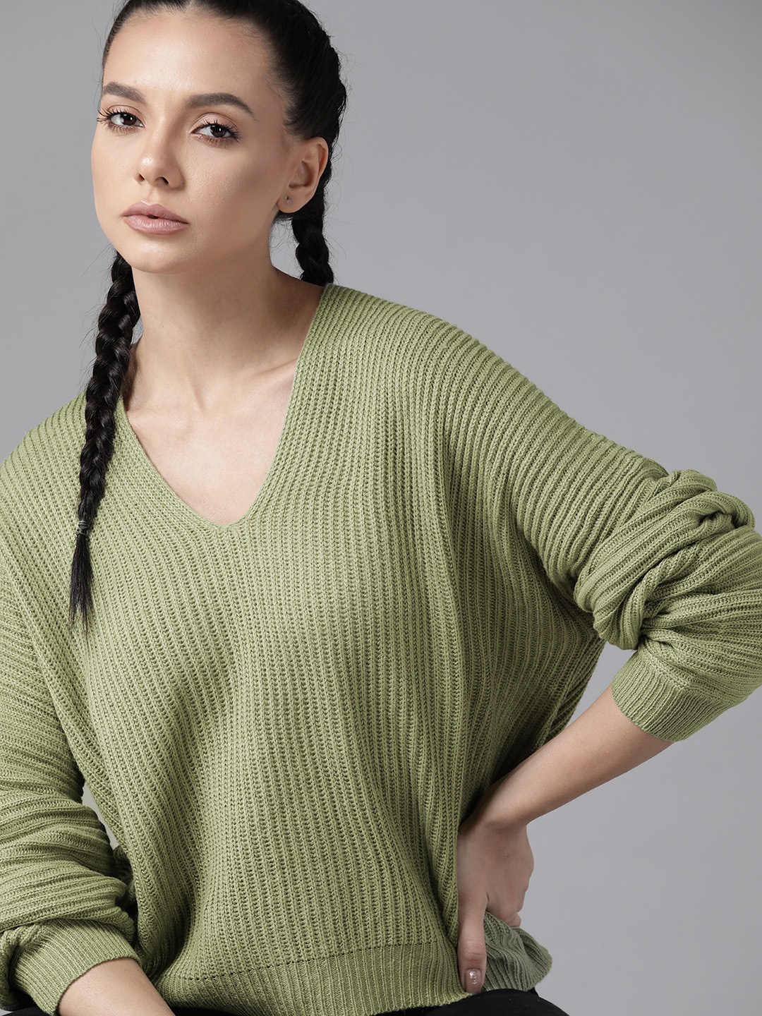 

Roadster Women Olive Green Solid Pullover