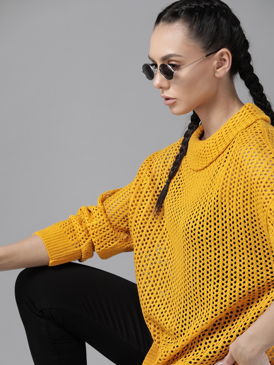 

Roadster Women Mustard Yellow Open Knit Pullover