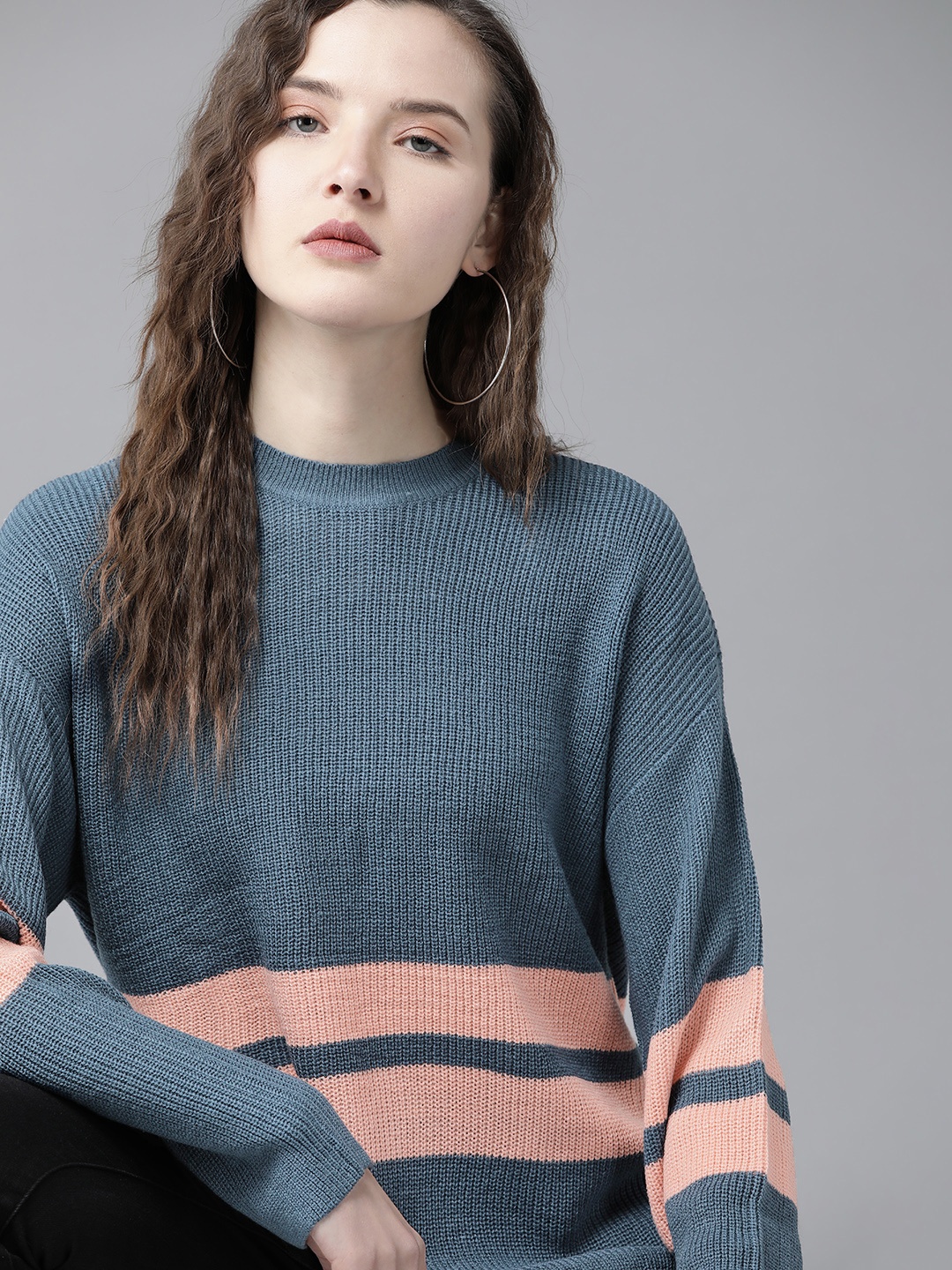 

Roadster Women Blue & Pink Striped Pullover Sweater