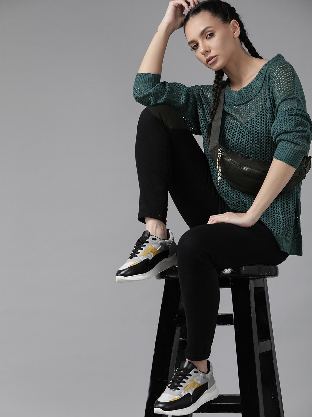 

Roadster Women Green Open Knit Pullover