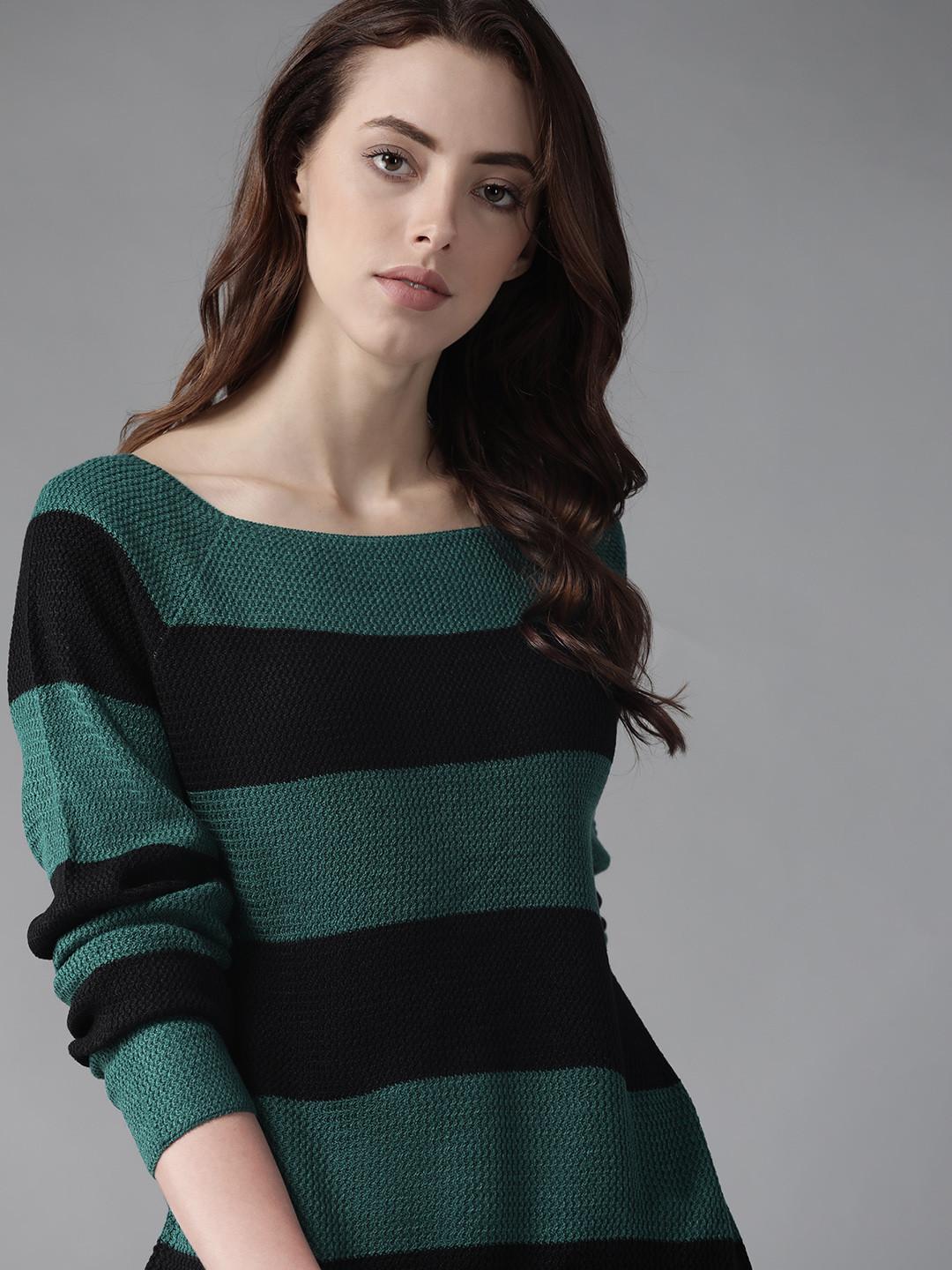 

Roadster Women Green & Black Striped Pullover