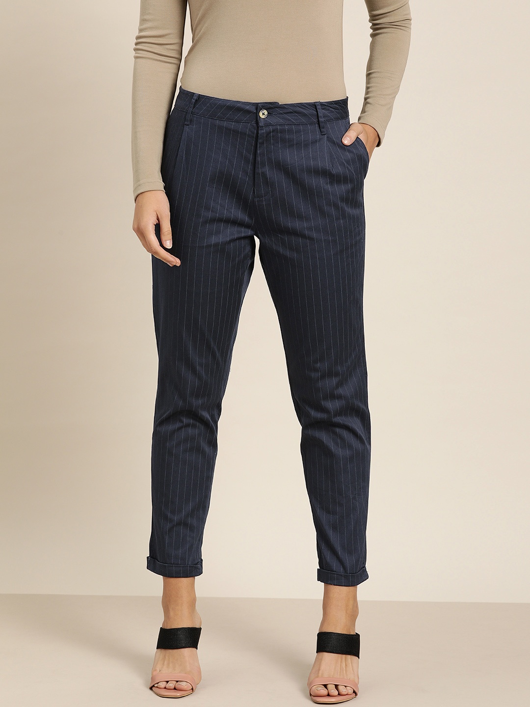 

her by invictus Women Navy Blue & Grey Smart Slim Fit Striped Trousers