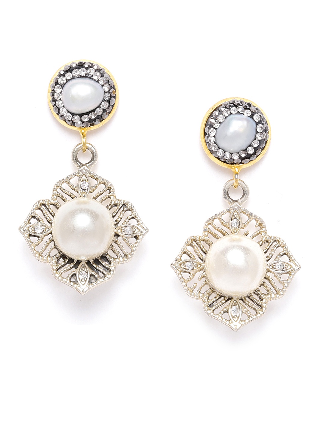 

DIVA WALK EXCLUSIVE Off White Gold-Plated Stone Studded & Beaded Handcrafted Drop Earrings