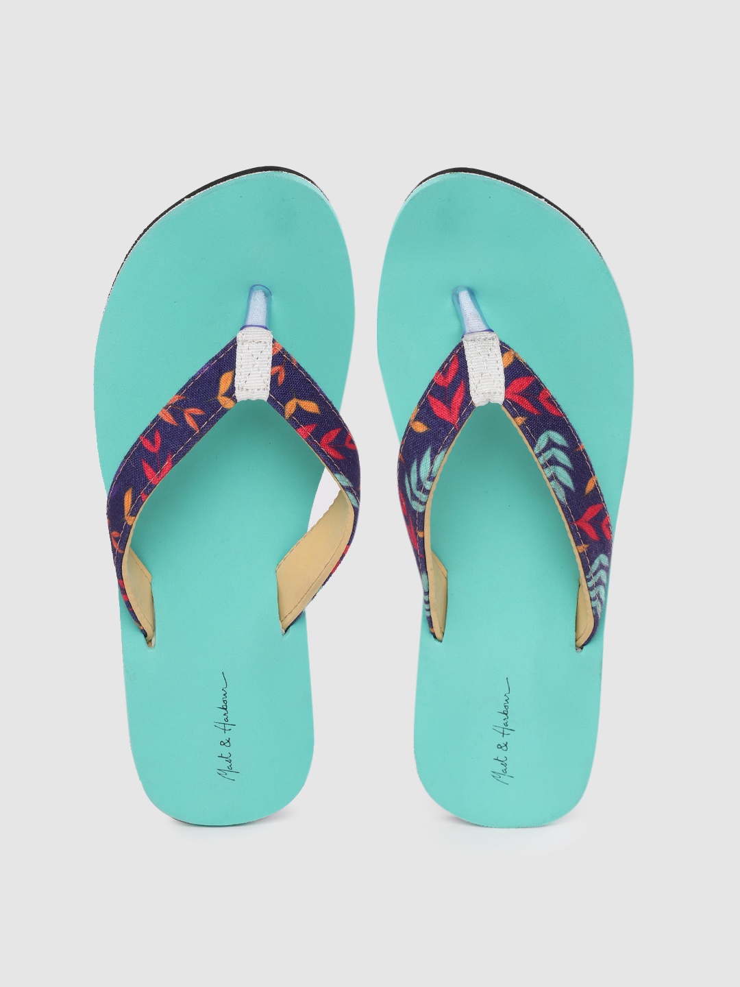 

Mast & Harbour Women Navy Blue & Sea Green Leaves Print Thong Flip-Flops