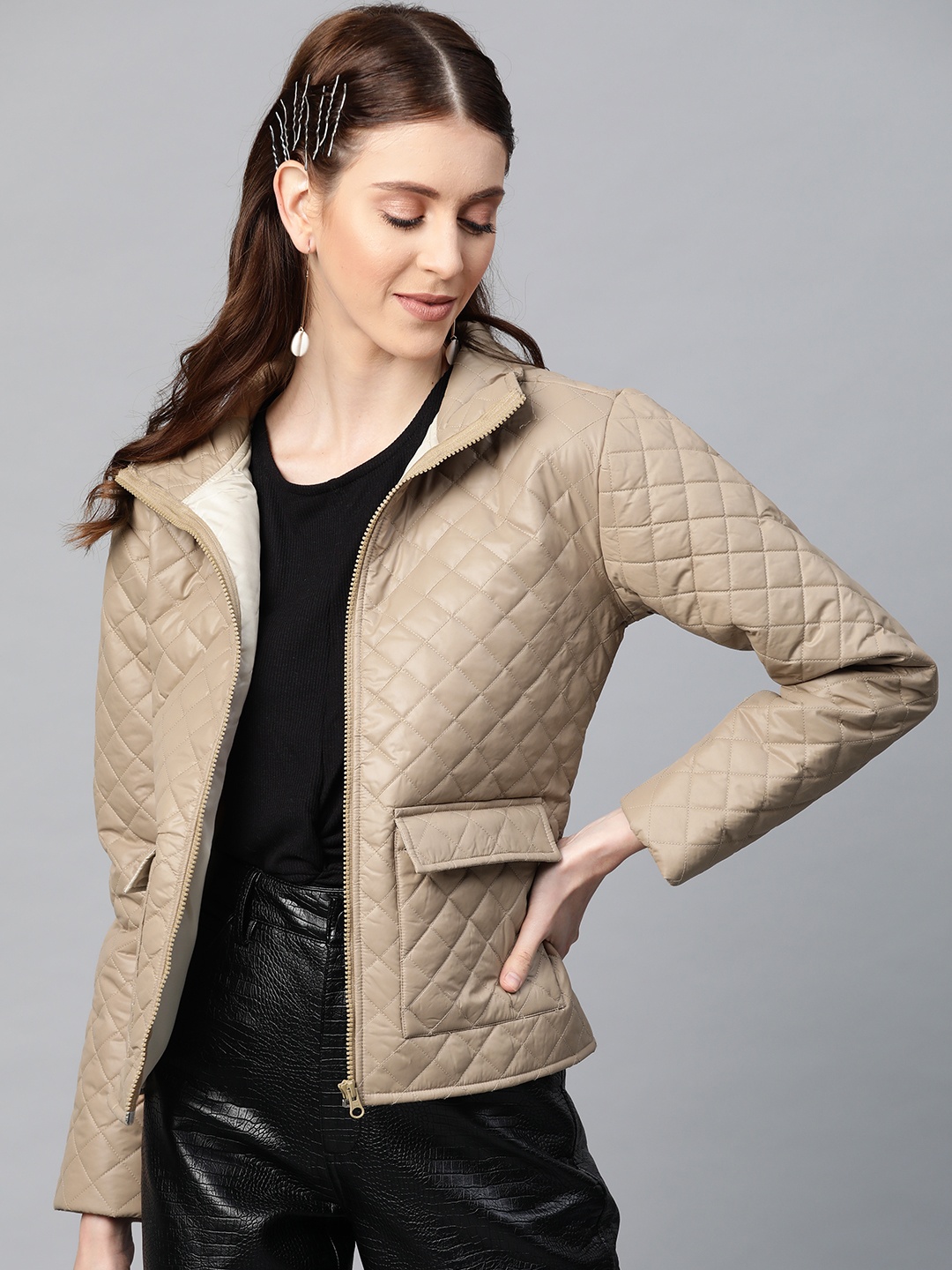 

SASSAFRAS Women Beige Solid Quilted Jacket