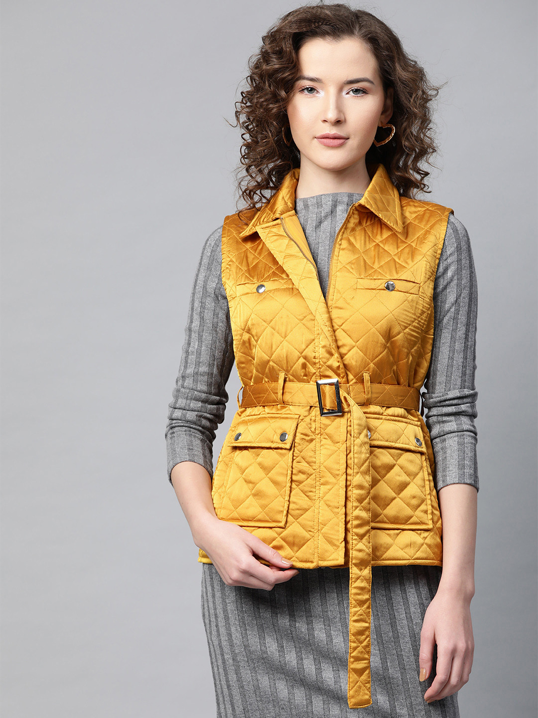 

SASSAFRAS Women Mustard Yellow Solid Satin Finish Quilted Jacket