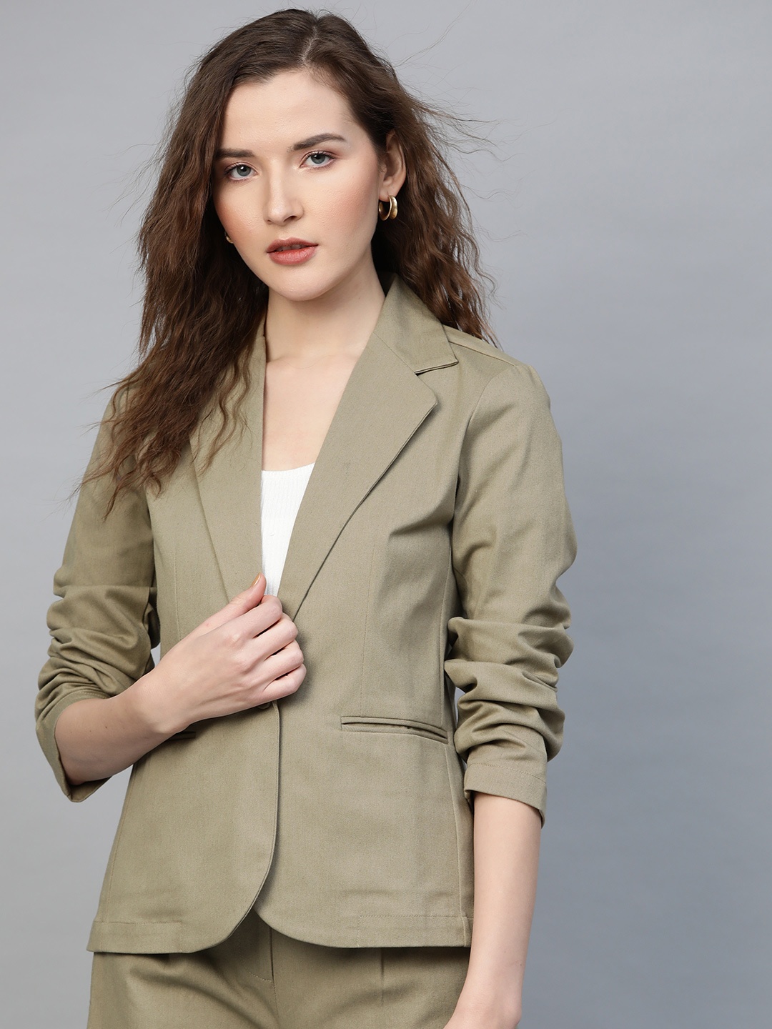 

SASSAFRAS Women Olive Green Solid Single-Breasted Slim Fit Smart Casual Blazer