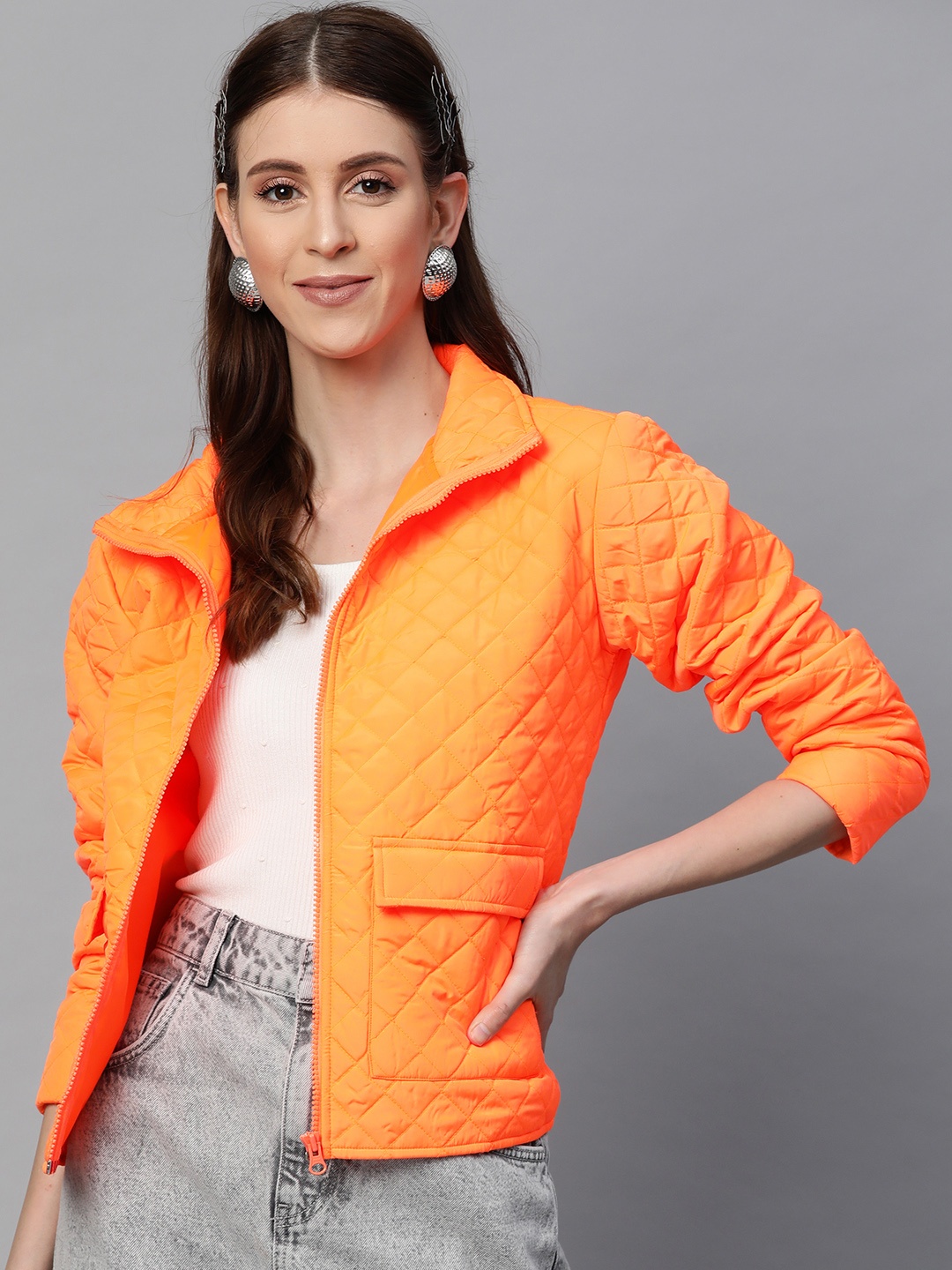 

SASSAFRAS Women Neon Orange Solid Quilted Jacket